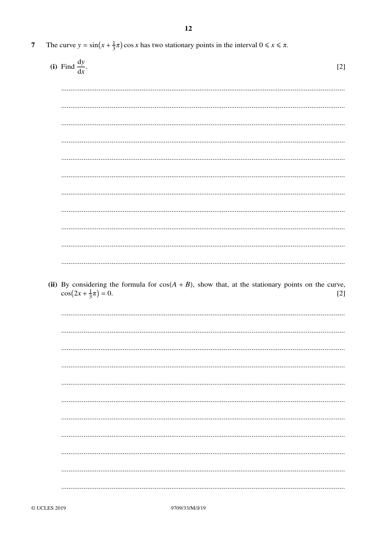 Cambridge A Level Mathematics 9709 2019 May/June Paper 3 · Variant 3 question paper, page 12 of 20