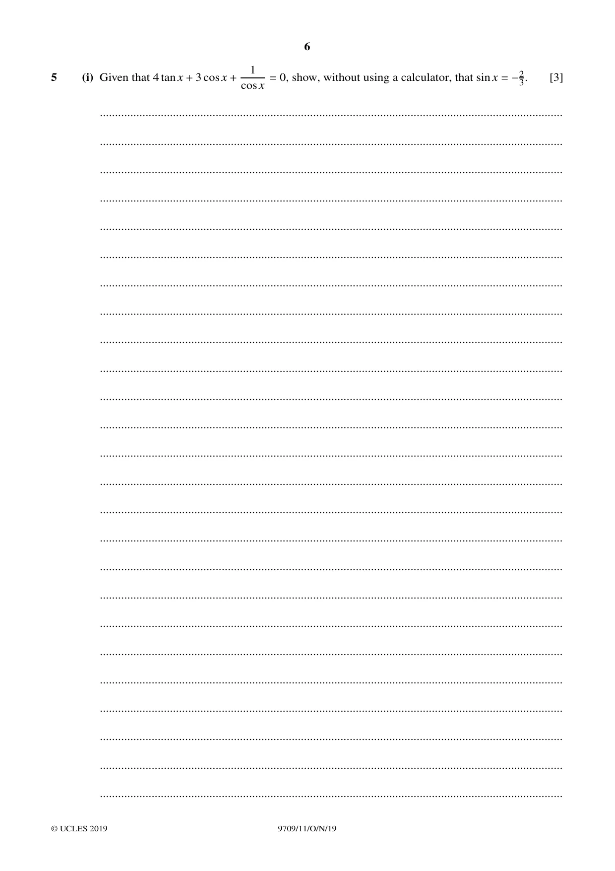 Cambridge A Level Mathematics 9709 2019 Oct/Nov Paper 1 · Variant 1 question paper, page 6 of 20