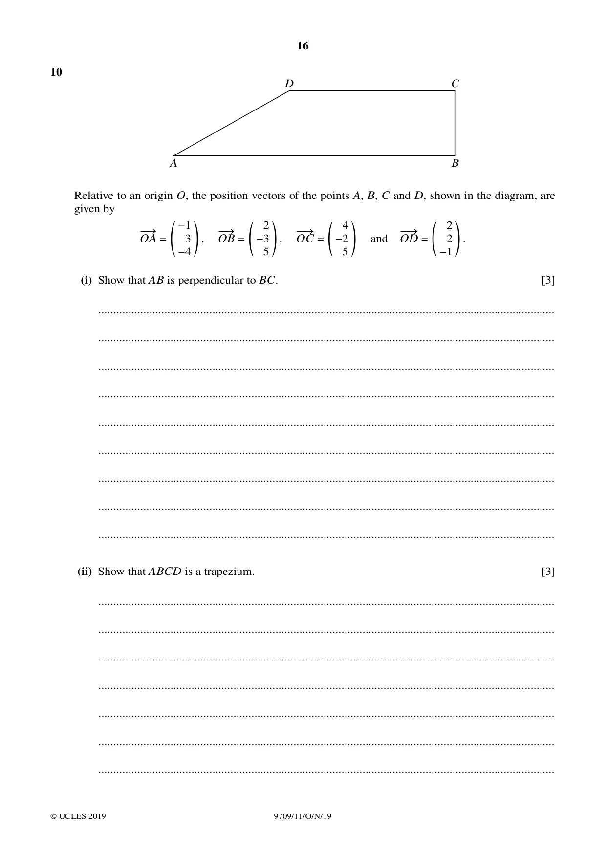 Cambridge A Level Mathematics 9709 2019 Oct/Nov Paper 1 · Variant 1 question paper, page 16 of 20