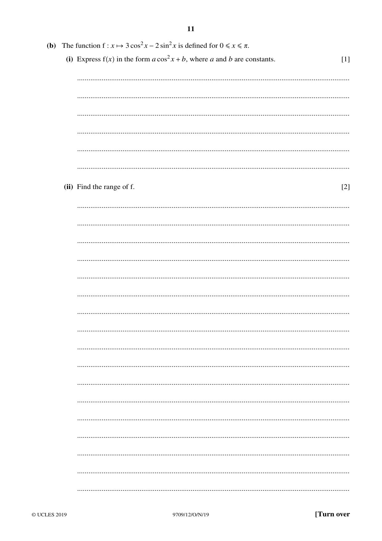 Cambridge A Level Mathematics 9709 2019 Oct/Nov Paper 1 · Variant 2 question paper, page 11 of 20
