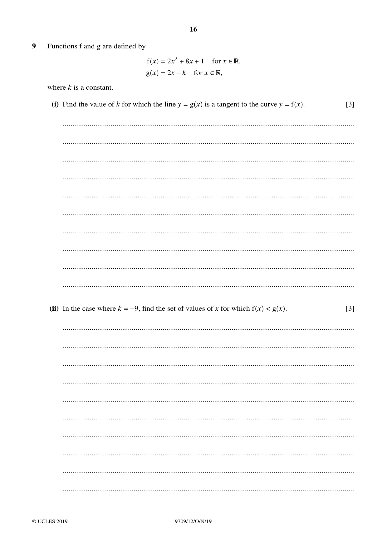 Cambridge A Level Mathematics 9709 2019 Oct/Nov Paper 1 · Variant 2 question paper, page 16 of 20
