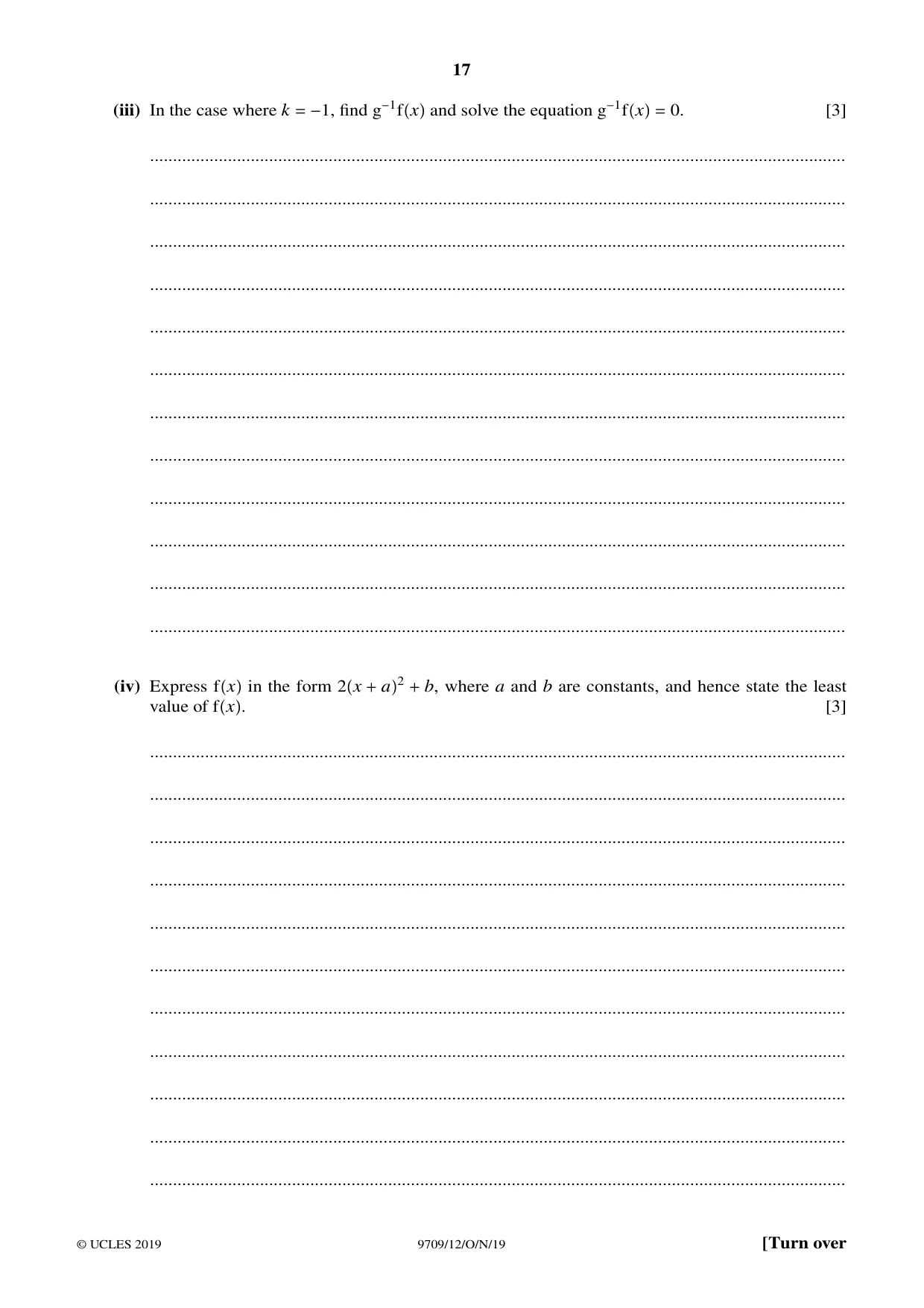 Cambridge A Level Mathematics 9709 2019 Oct/Nov Paper 1 · Variant 2 question paper, page 17 of 20