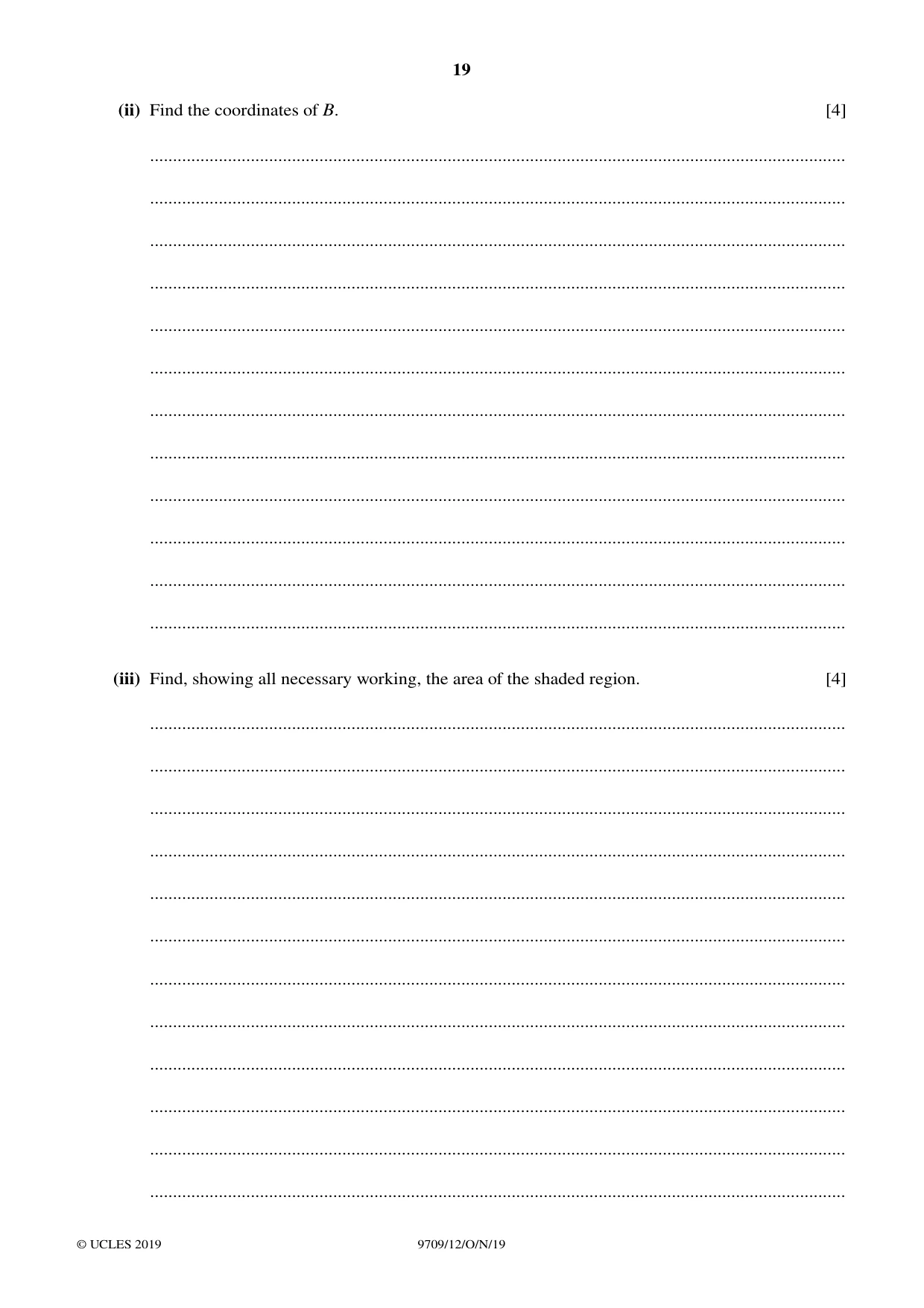 Cambridge A Level Mathematics 9709 2019 Oct/Nov Paper 1 · Variant 2 question paper, page 19 of 20