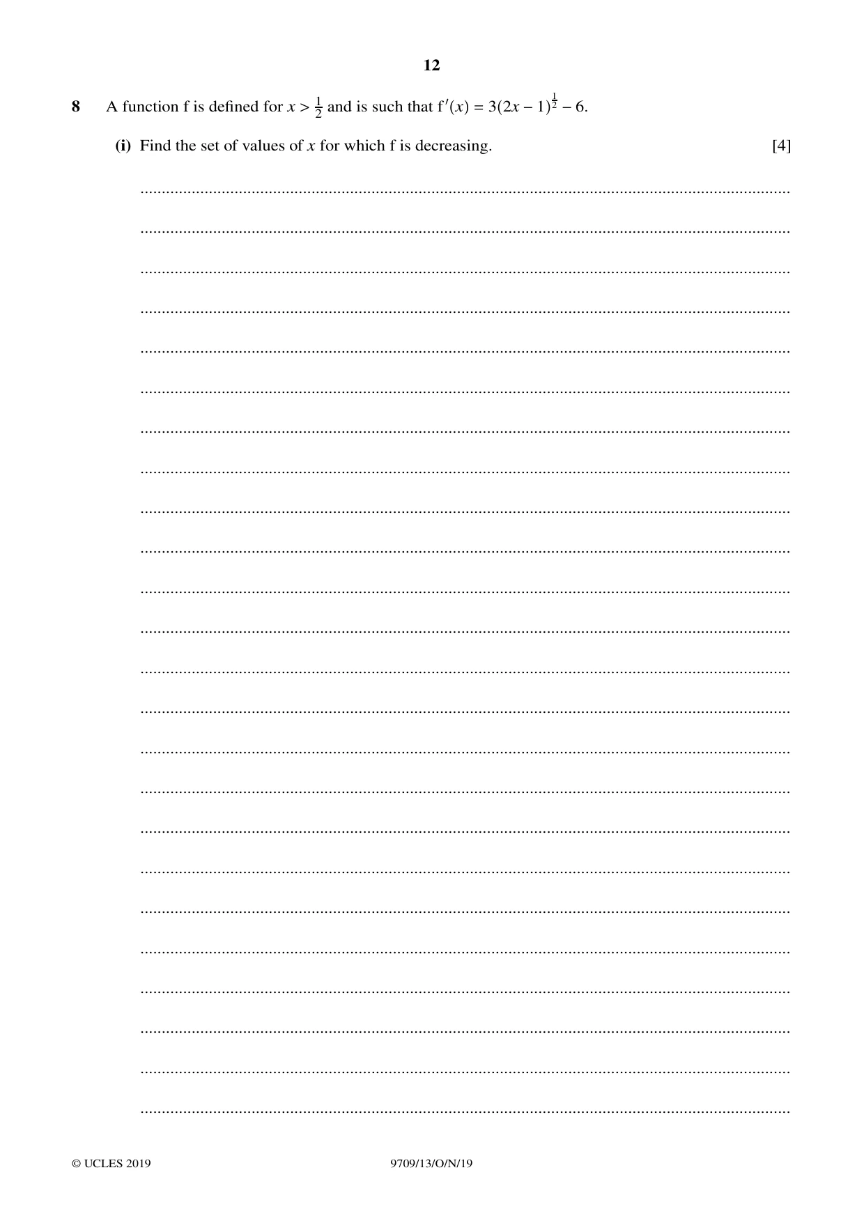 Cambridge A Level Mathematics 9709 2019 Oct/Nov Paper 1 · Variant 3 question paper, page 12 of 20