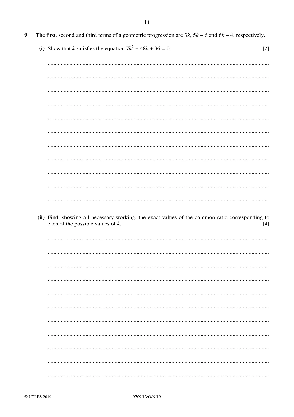 Cambridge A Level Mathematics 9709 2019 Oct/Nov Paper 1 · Variant 3 question paper, page 14 of 20