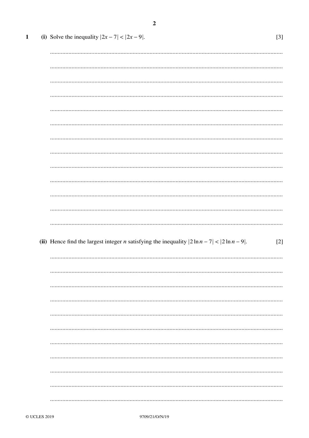 Cambridge A Level Mathematics 9709 2019 Oct/Nov Paper 2 · Variant 1 question paper, page 2 of 12