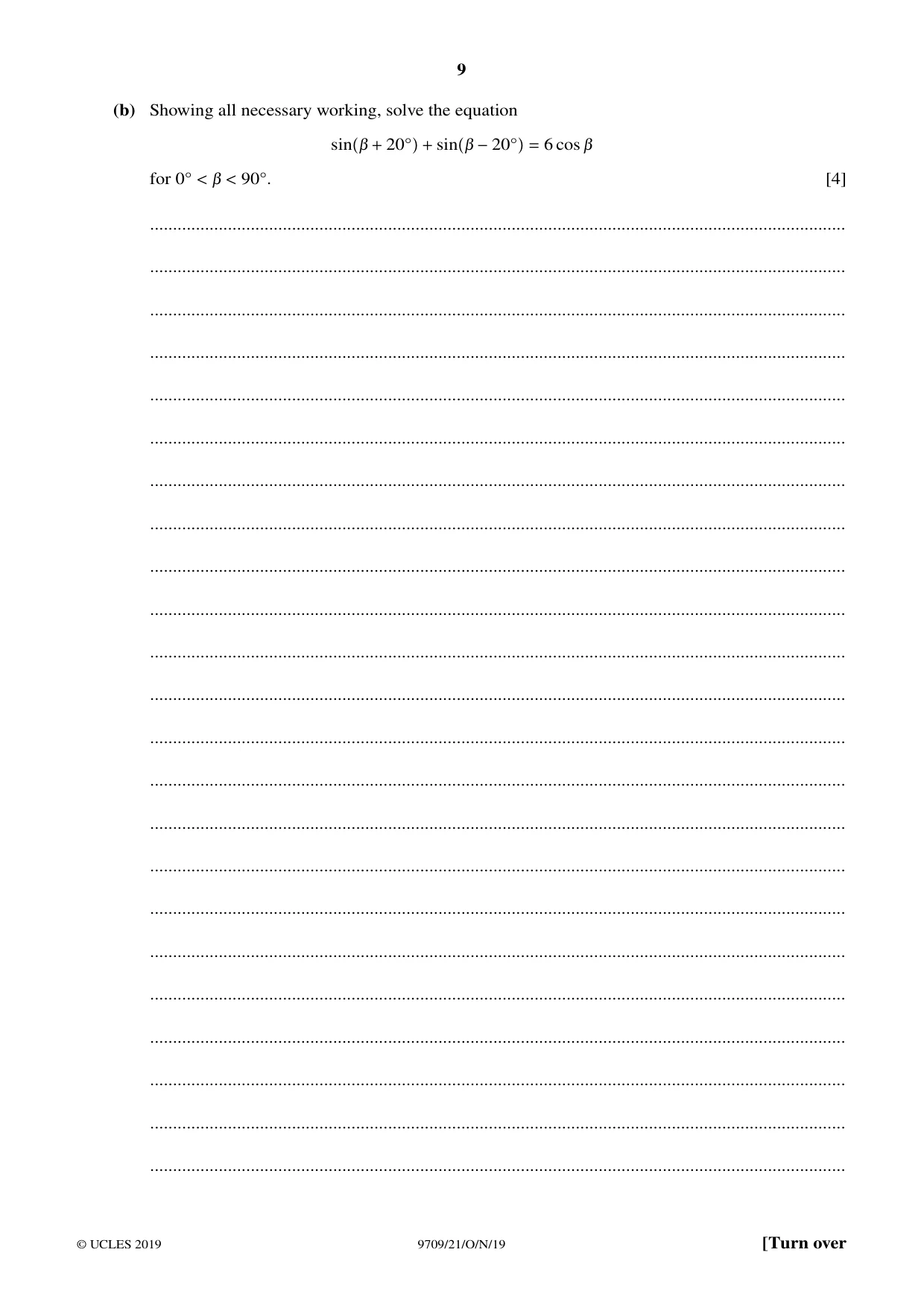 Cambridge A Level Mathematics 9709 2019 Oct/Nov Paper 2 · Variant 1 question paper, page 9 of 12