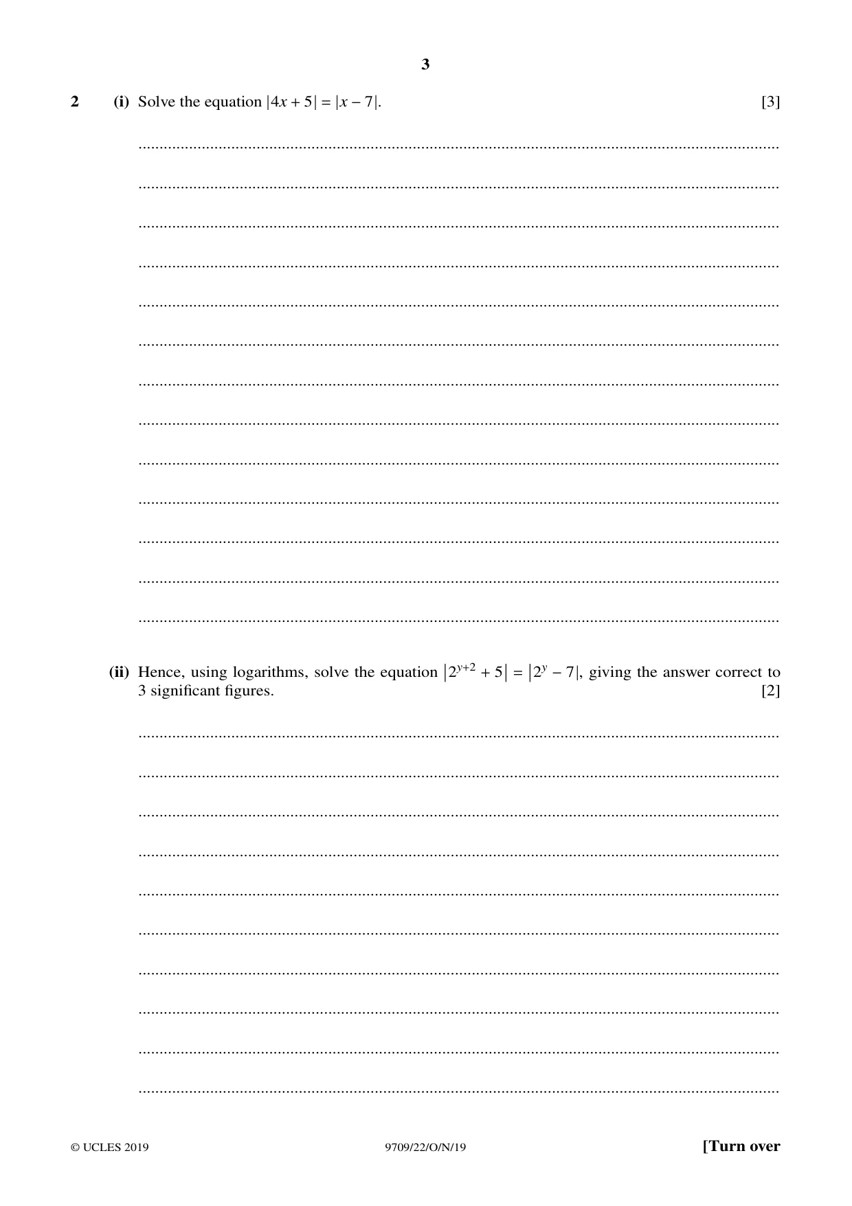 Cambridge A Level Mathematics 9709 2019 Oct/Nov Paper 2 · Variant 2 question paper, page 3 of 12
