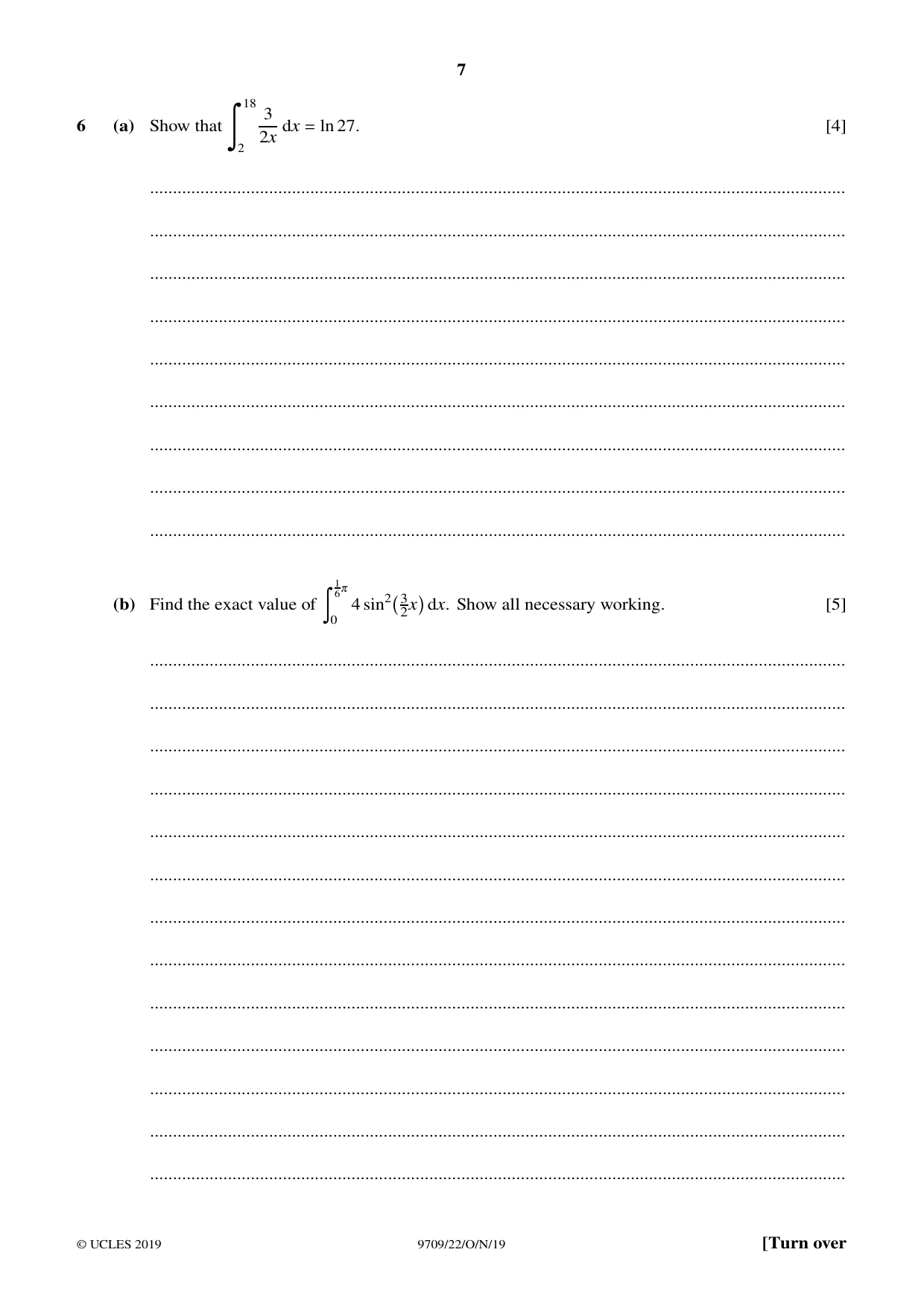 Cambridge A Level Mathematics 9709 2019 Oct/Nov Paper 2 · Variant 2 question paper, page 7 of 12