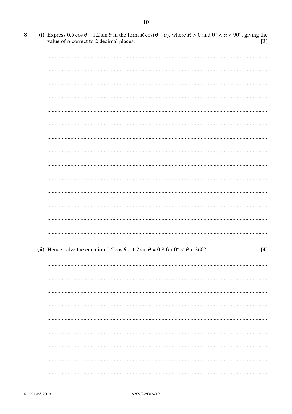 Cambridge A Level Mathematics 9709 2019 Oct/Nov Paper 2 · Variant 2 question paper, page 10 of 12