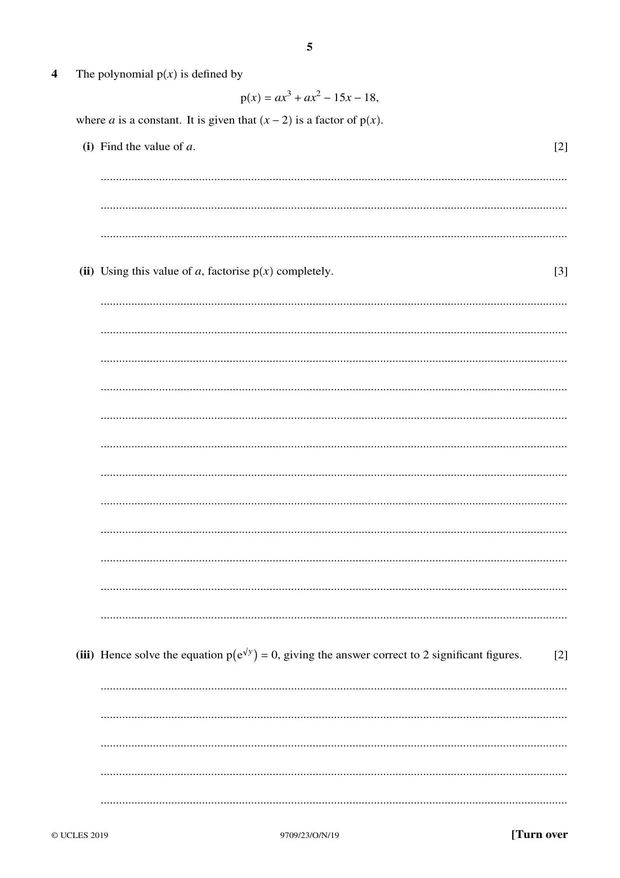 Cambridge A Level Mathematics 9709 2019 Oct/Nov Paper 2 · Variant 3 question paper, page 5 of 12