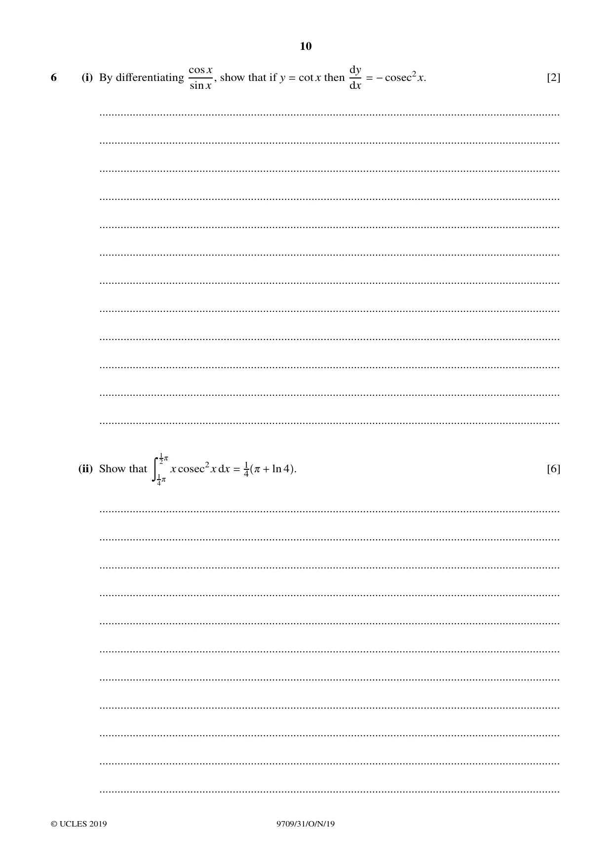 Cambridge A Level Mathematics 9709 2019 Oct/Nov Paper 3 · Variant 1 question paper, page 10 of 20