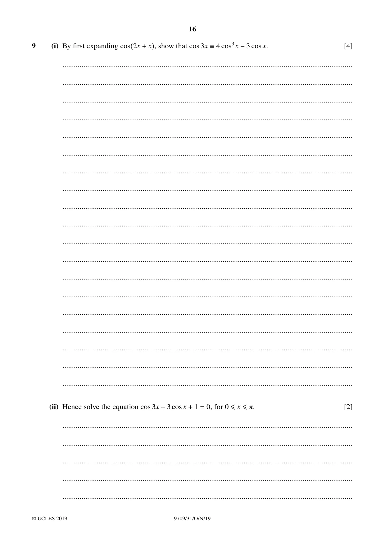 Cambridge A Level Mathematics 9709 2019 Oct/Nov Paper 3 · Variant 1 question paper, page 16 of 20