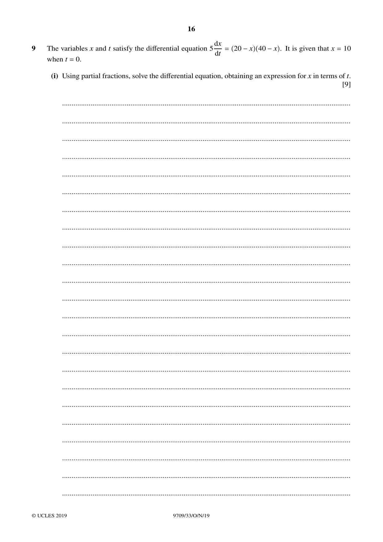 Cambridge A Level Mathematics 9709 2019 Oct/Nov Paper 3 · Variant 3 question paper, page 16 of 20