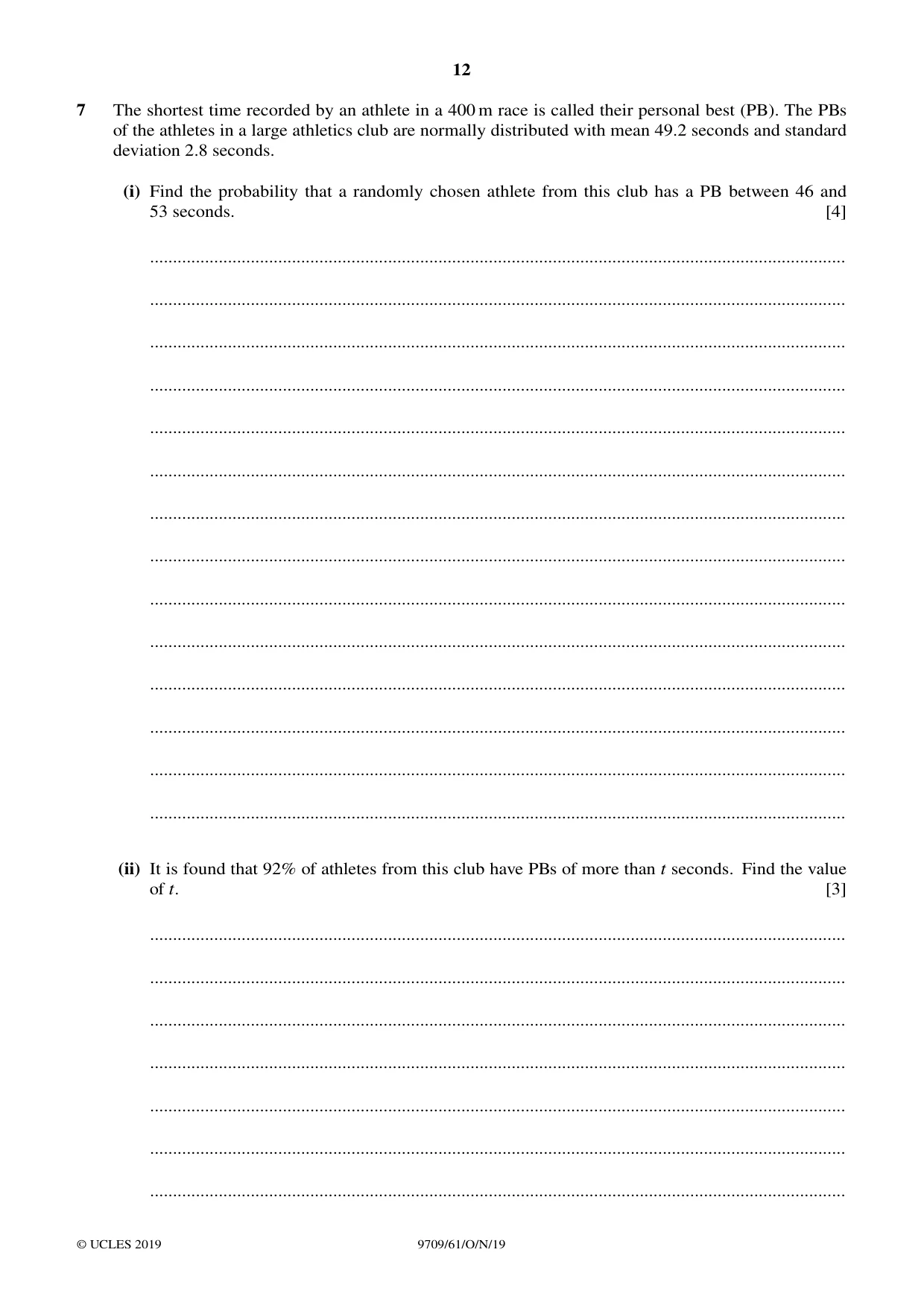Cambridge A Level Mathematics 9709 2019 Oct/Nov Paper 6 · Variant 1 question paper, page 12 of 16