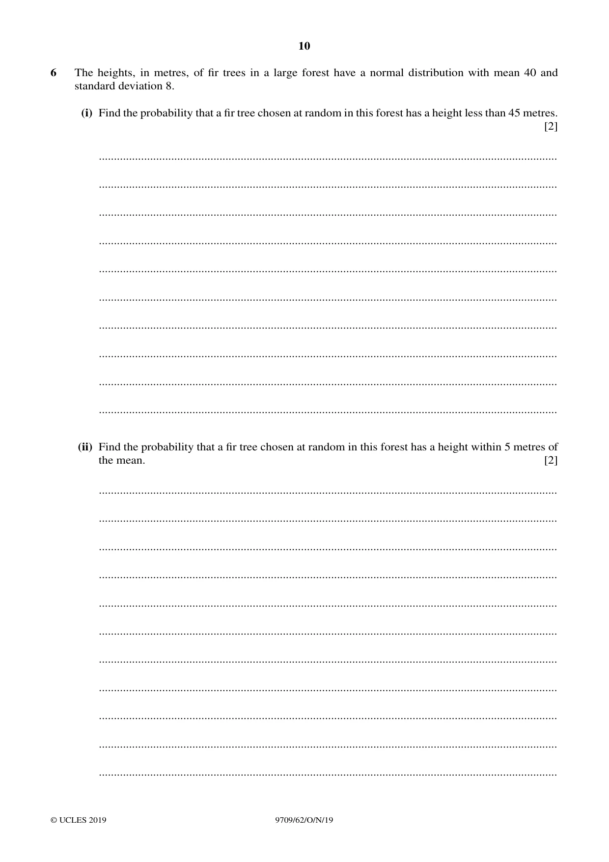 Cambridge A Level Mathematics 9709 2019 Oct/Nov Paper 6 · Variant 2 question paper, page 10 of 16