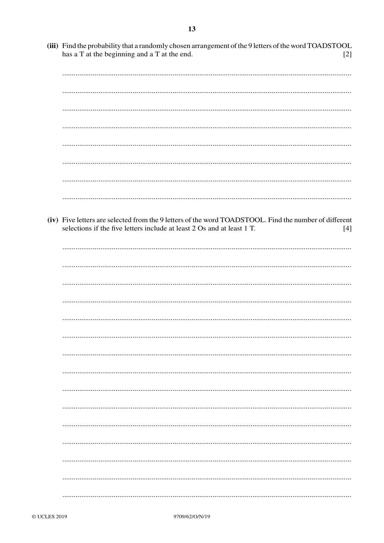 Cambridge A Level Mathematics 9709 2019 Oct/Nov Paper 6 · Variant 2 question paper, page 13 of 16