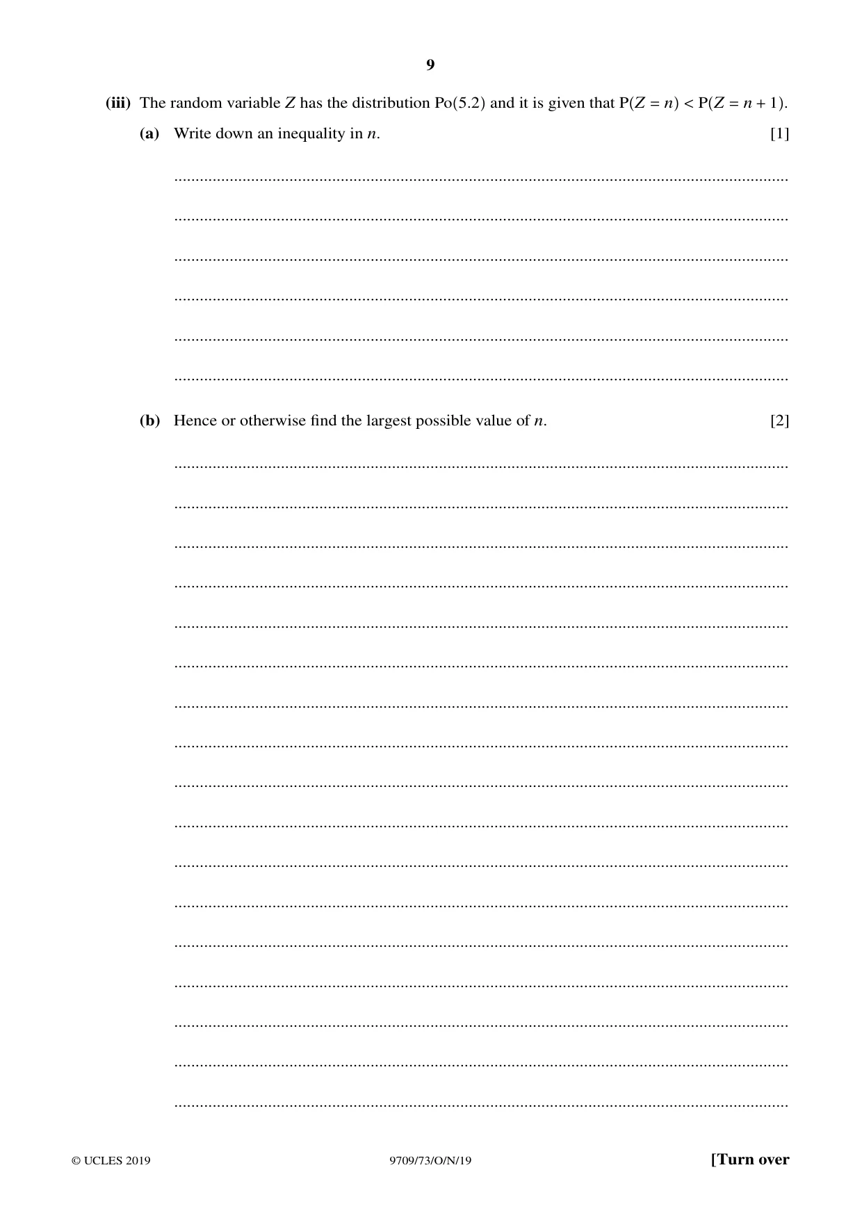 Cambridge A Level Mathematics 9709 2019 Oct/Nov Paper 7 · Variant 3 question paper, page 9 of 16