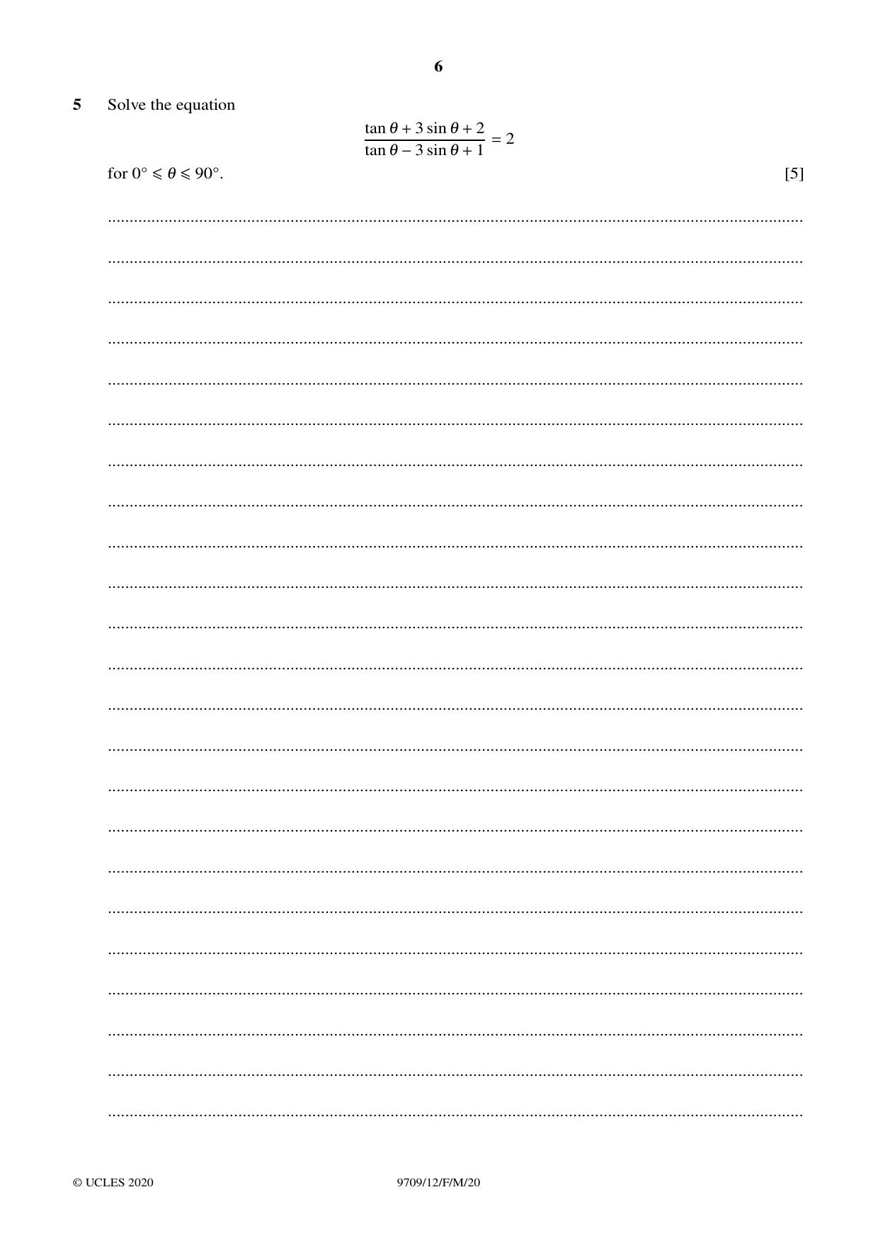 Cambridge A Level Mathematics 9709 2020 Feb/March Paper 1 · Variant 2 question paper, page 6 of 20