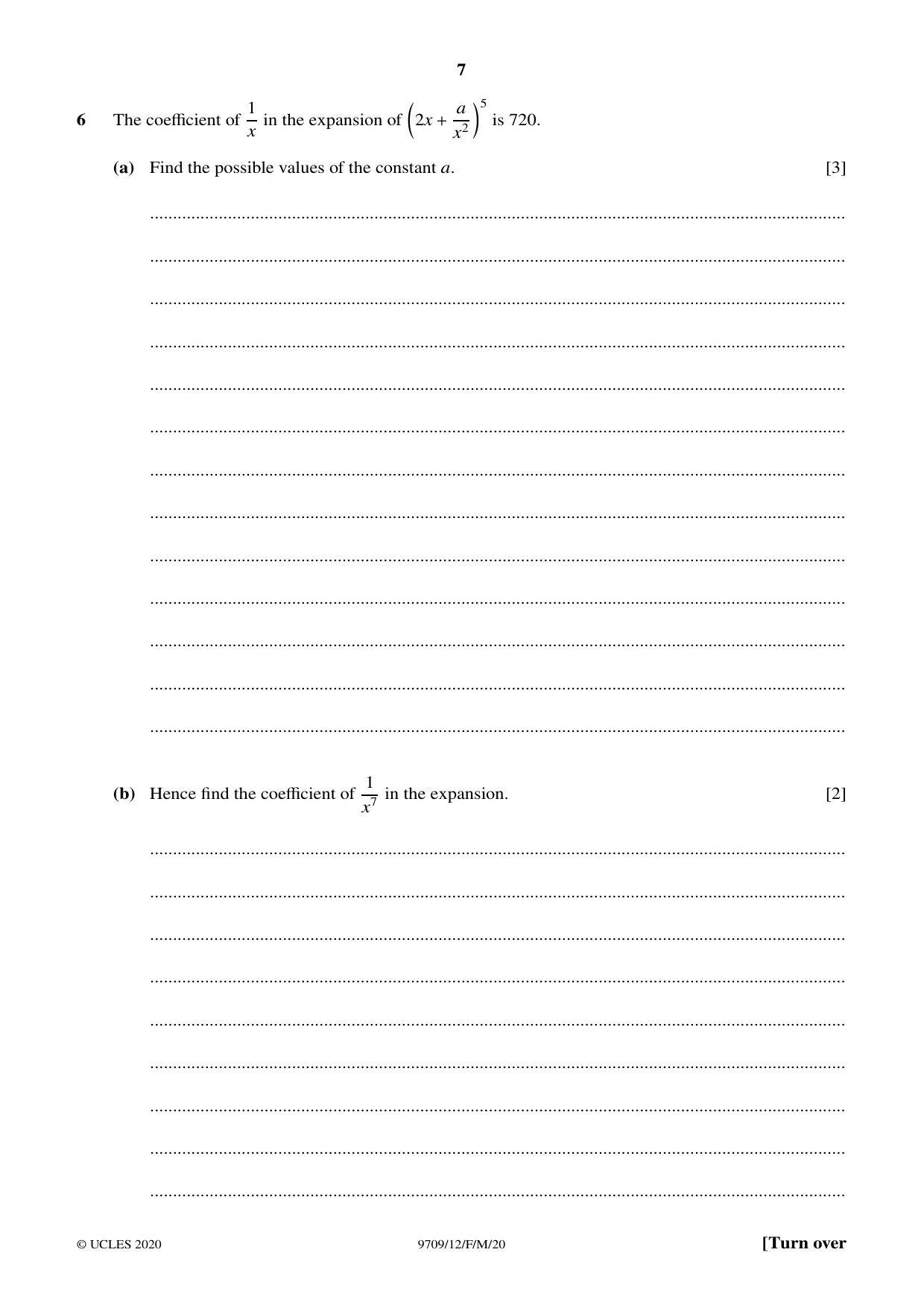 Cambridge A Level Mathematics 9709 2020 Feb/March Paper 1 · Variant 2 question paper, page 7 of 20