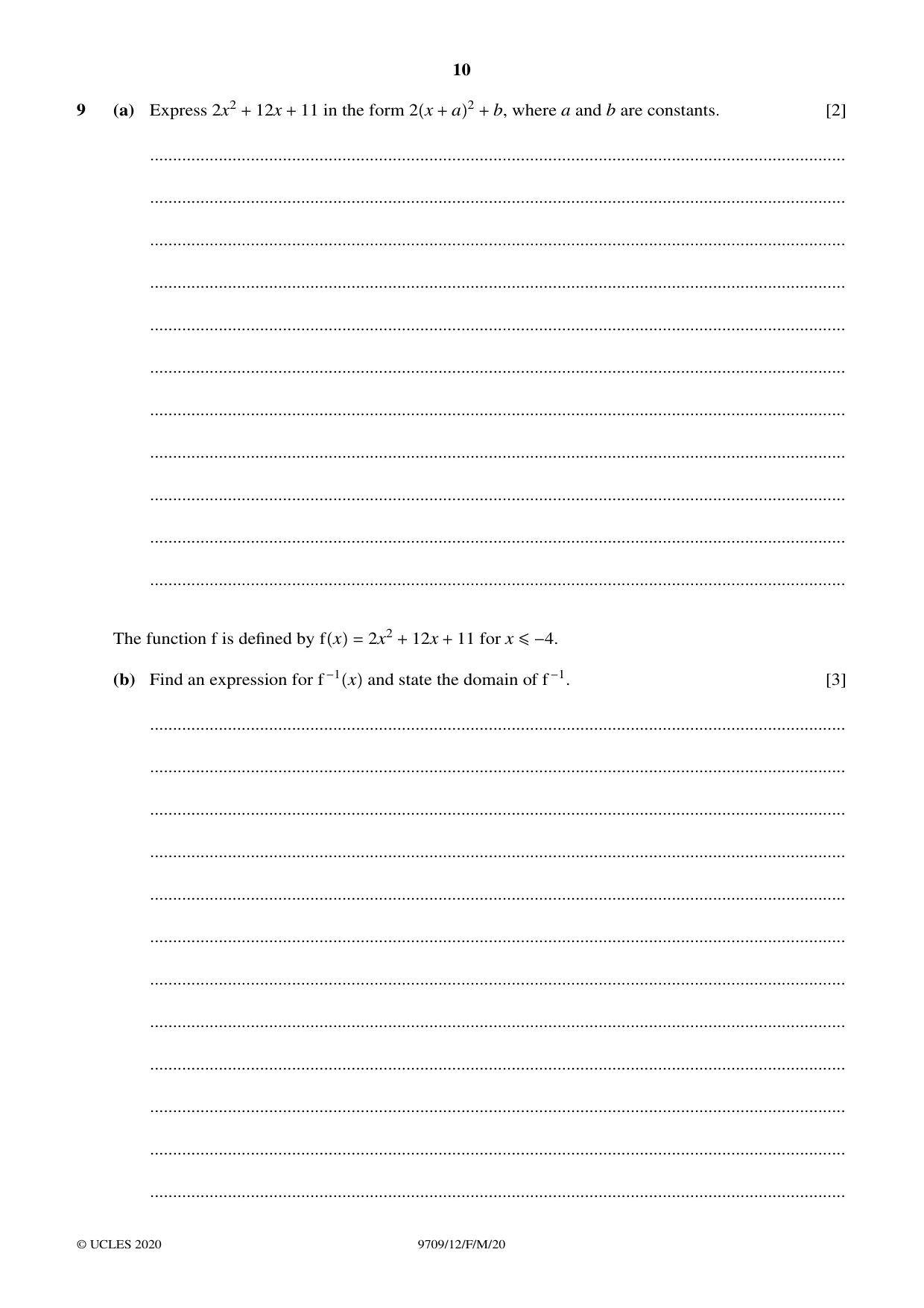 Cambridge A Level Mathematics 9709 2020 Feb/March Paper 1 · Variant 2 question paper, page 10 of 20