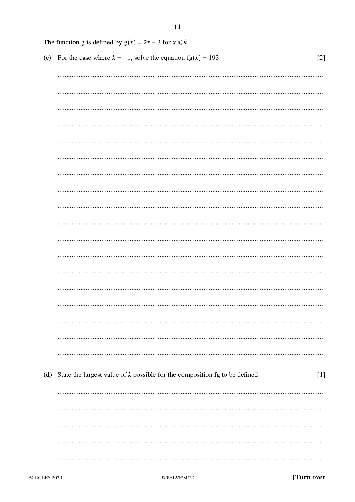 Cambridge A Level Mathematics 9709 2020 Feb/March Paper 1 · Variant 2 question paper, page 11 of 20