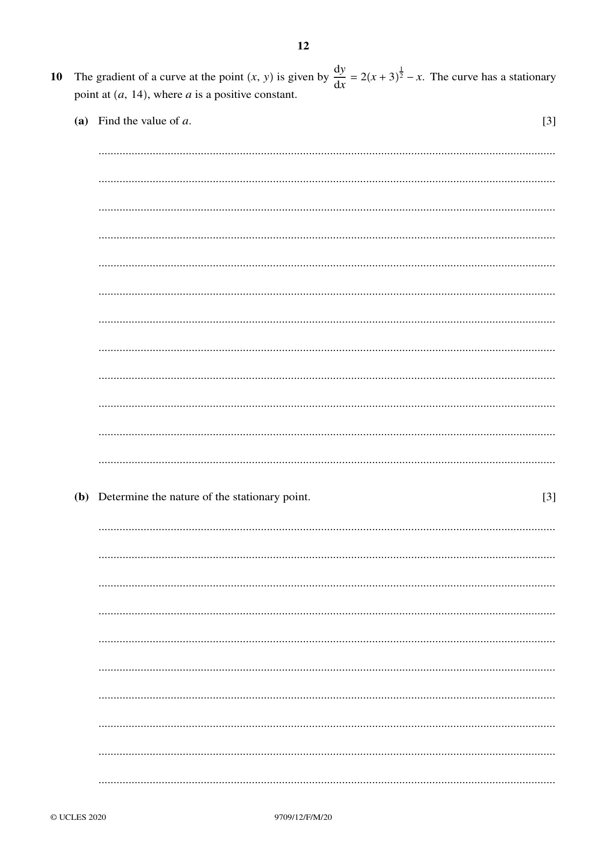 Cambridge A Level Mathematics 9709 2020 Feb/March Paper 1 · Variant 2 question paper, page 12 of 20