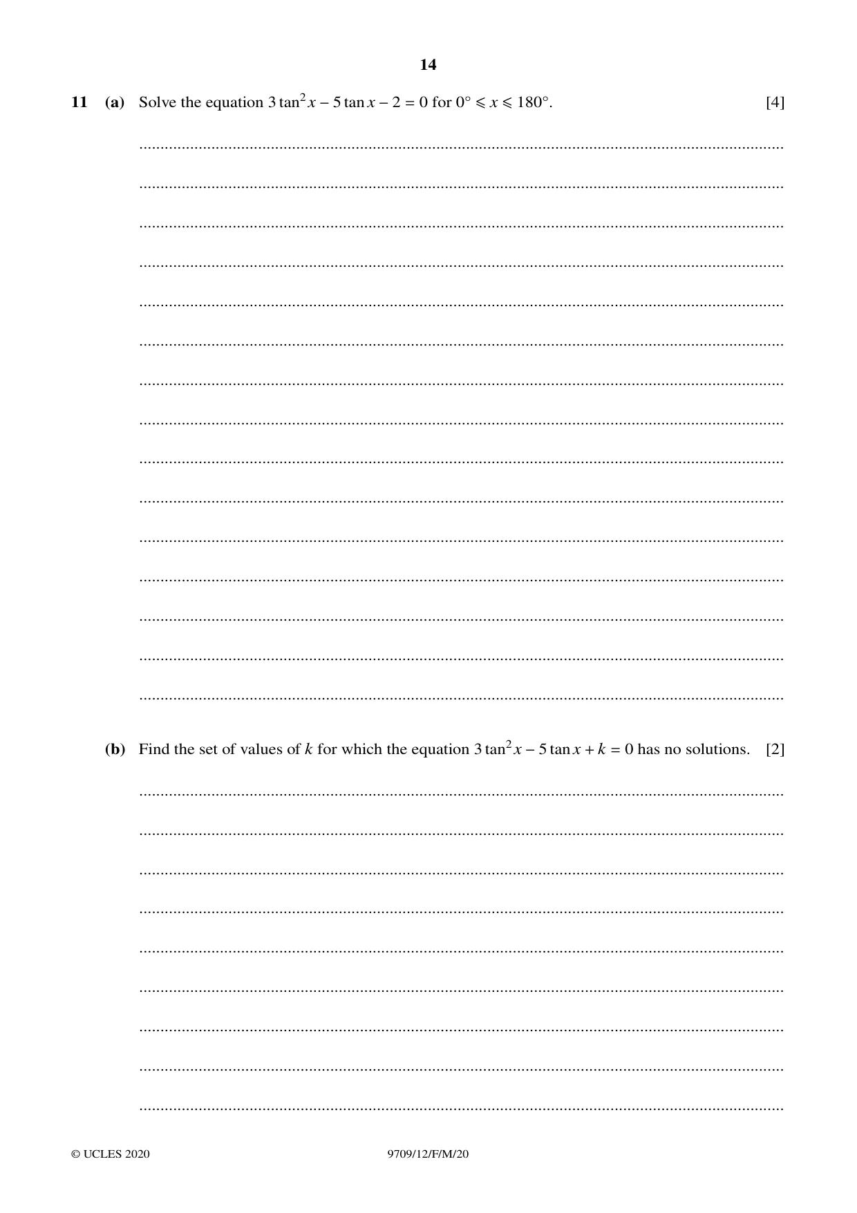 Cambridge A Level Mathematics 9709 2020 Feb/March Paper 1 · Variant 2 question paper, page 14 of 20