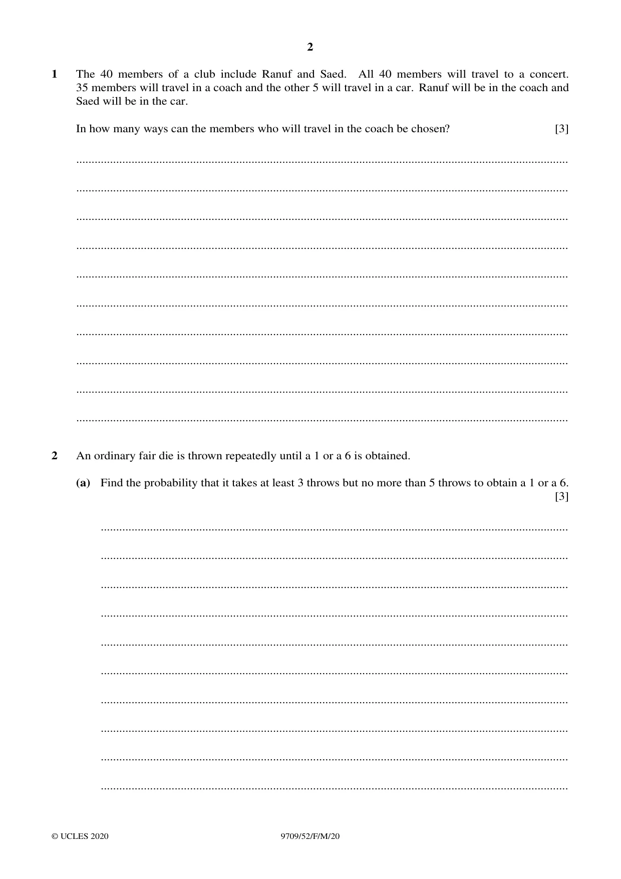 Cambridge A Level Mathematics 9709 2020 Feb/March Paper 5 · Variant 2 question paper, page 2 of 12