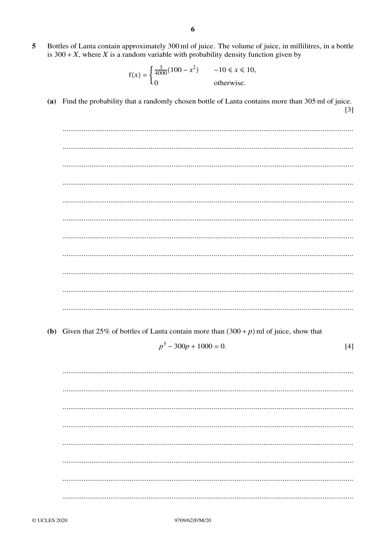 Cambridge A Level Mathematics 9709 2020 Feb/March Paper 6 · Variant 2 question paper, page 6 of 12