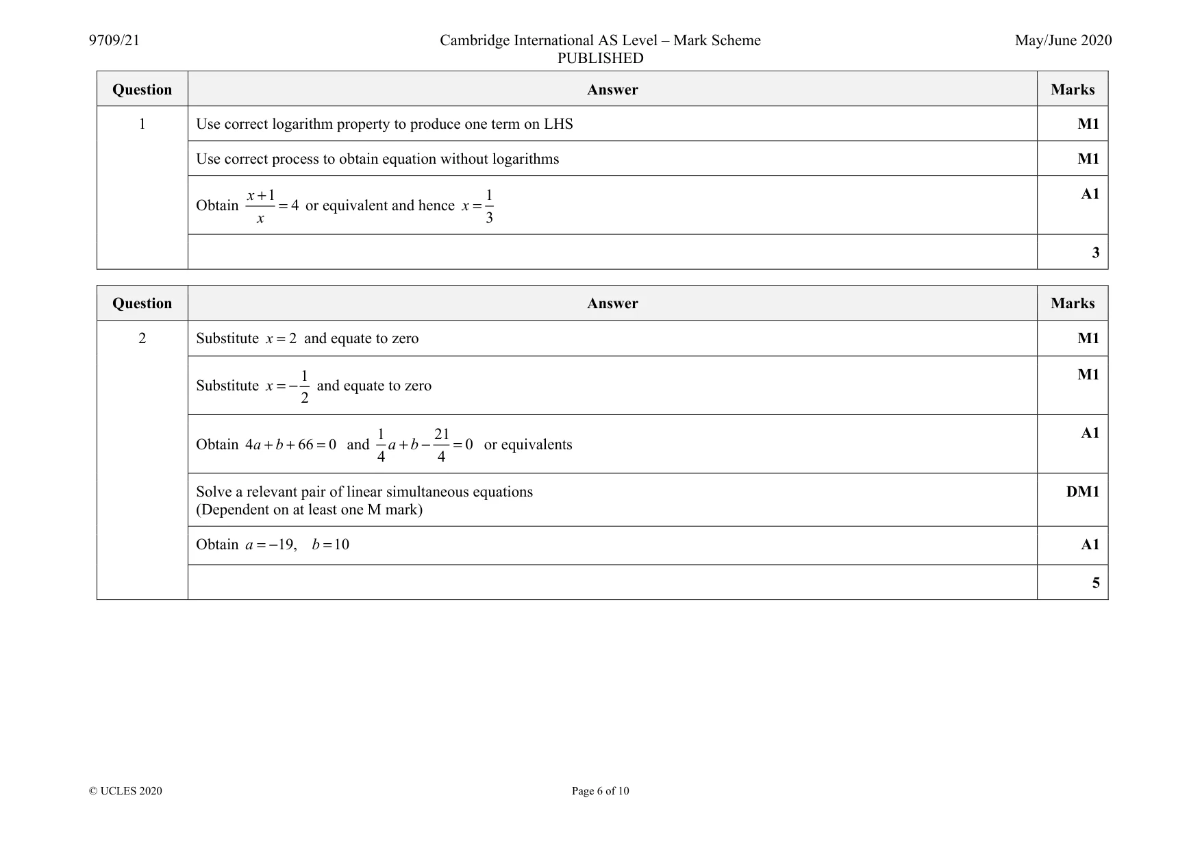 Mark scheme, page 6 of 10