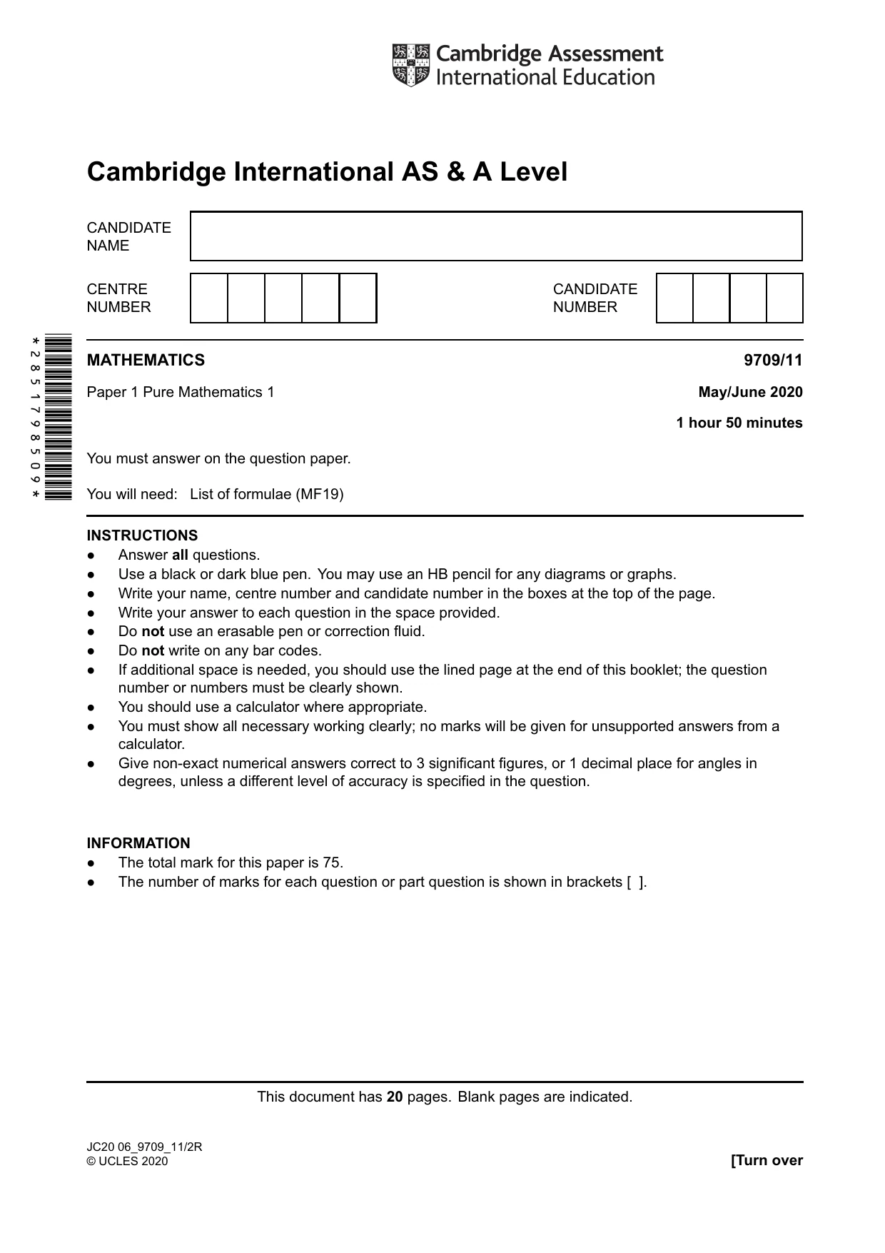 Cambridge A Level Mathematics 9709 2020 May/June Paper 1 · Variant 1 question paper, page 1 of 20