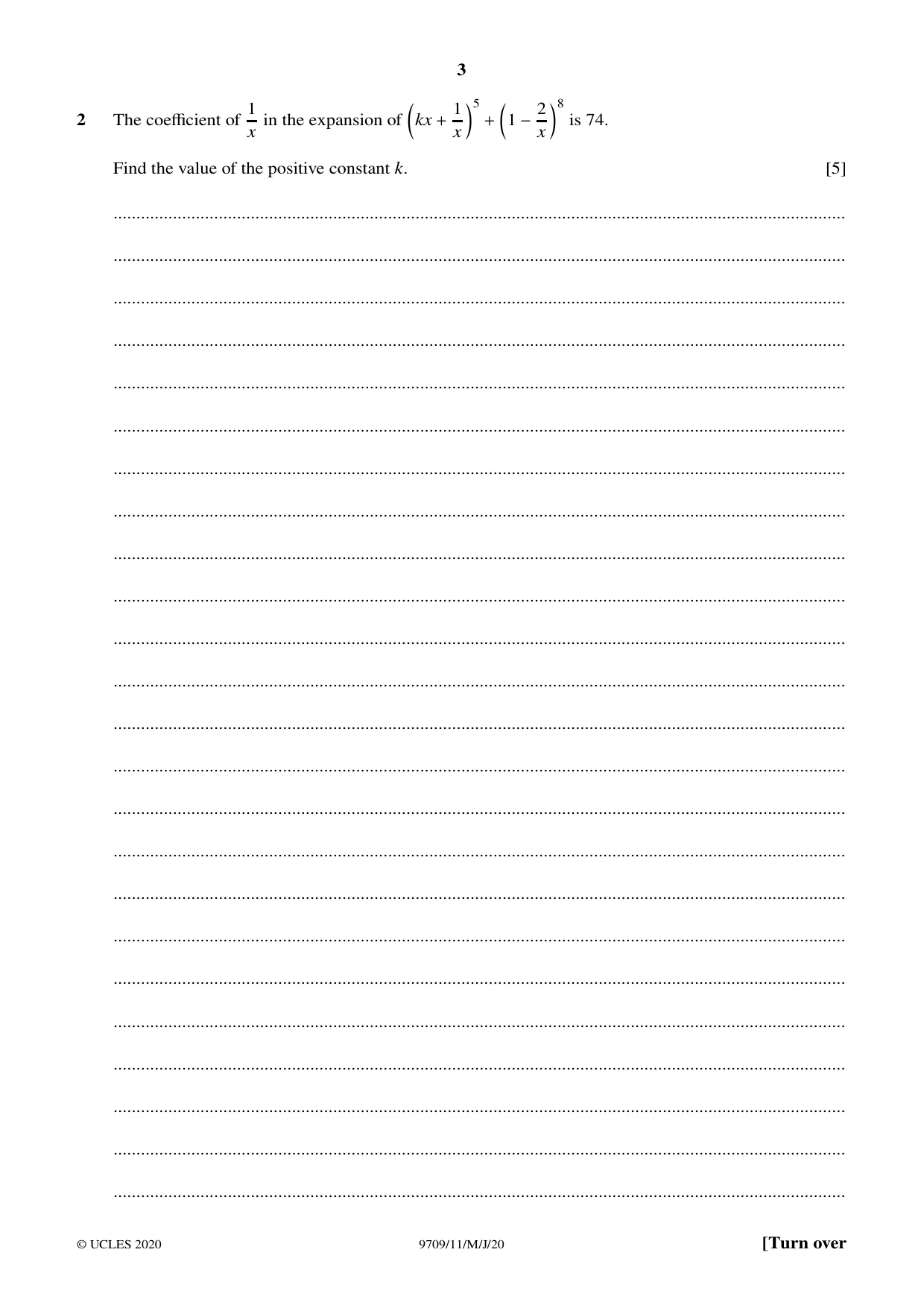 Cambridge A Level Mathematics 9709 2020 May/June Paper 1 · Variant 1 question paper, page 3 of 20