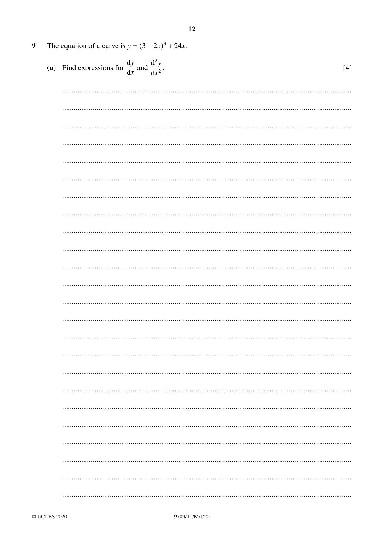 Cambridge A Level Mathematics 9709 2020 May/June Paper 1 · Variant 1 question paper, page 12 of 20