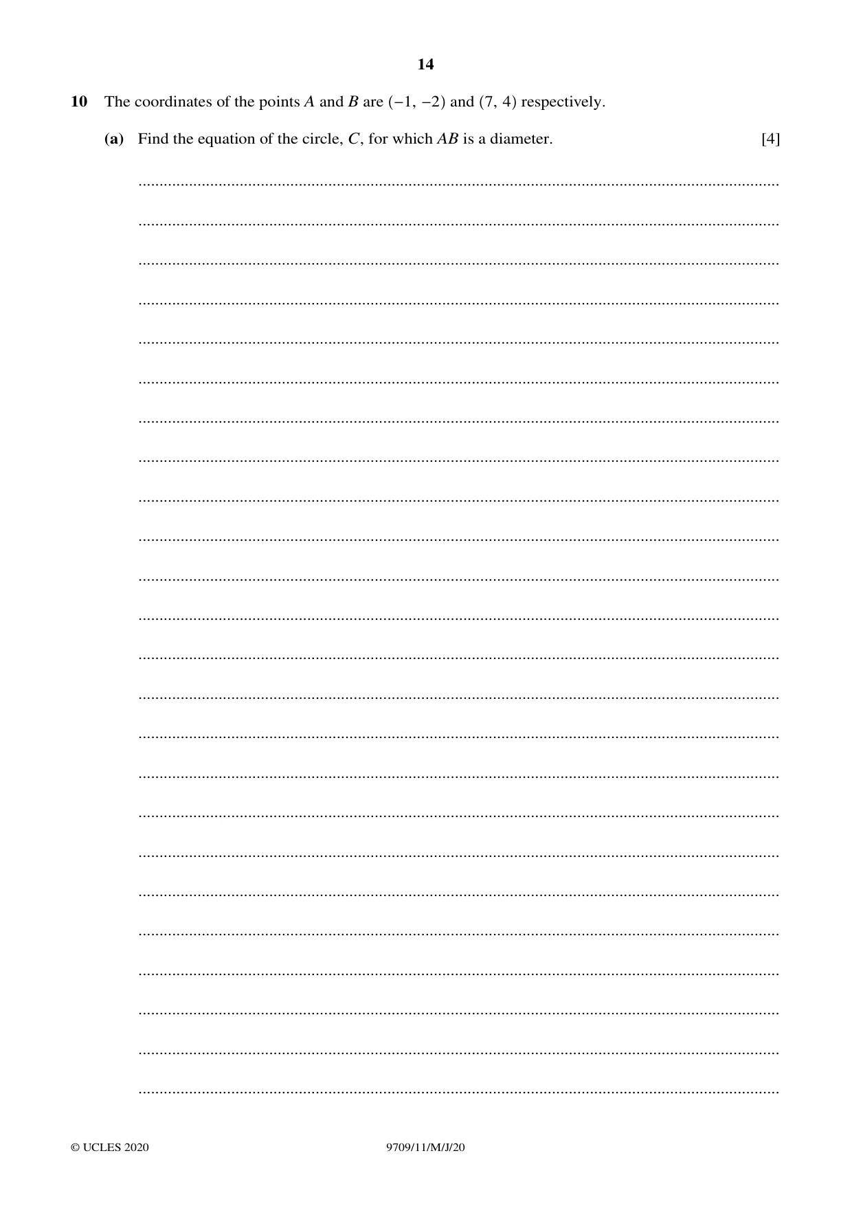 Cambridge A Level Mathematics 9709 2020 May/June Paper 1 · Variant 1 question paper, page 14 of 20