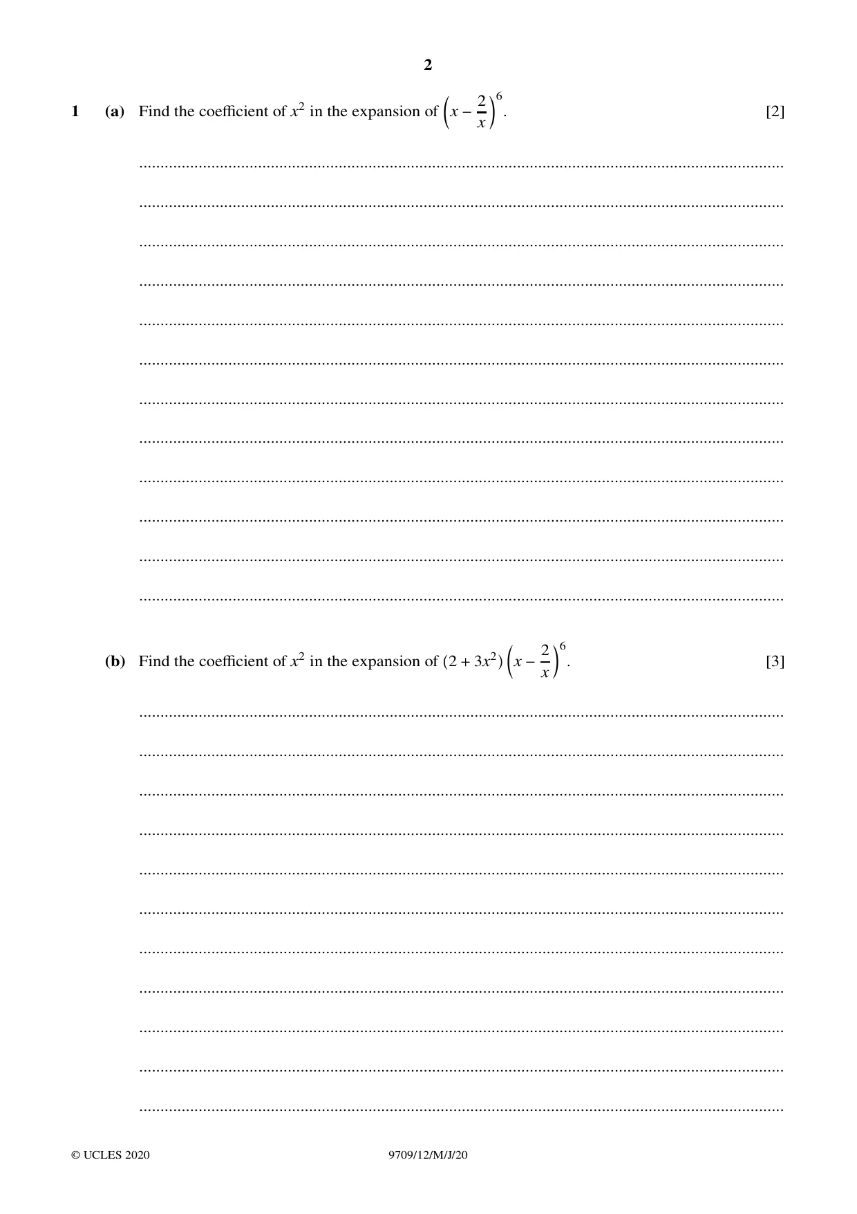 Cambridge A Level Mathematics 9709 2020 May/June Paper 1 · Variant 2 question paper, page 2 of 16
