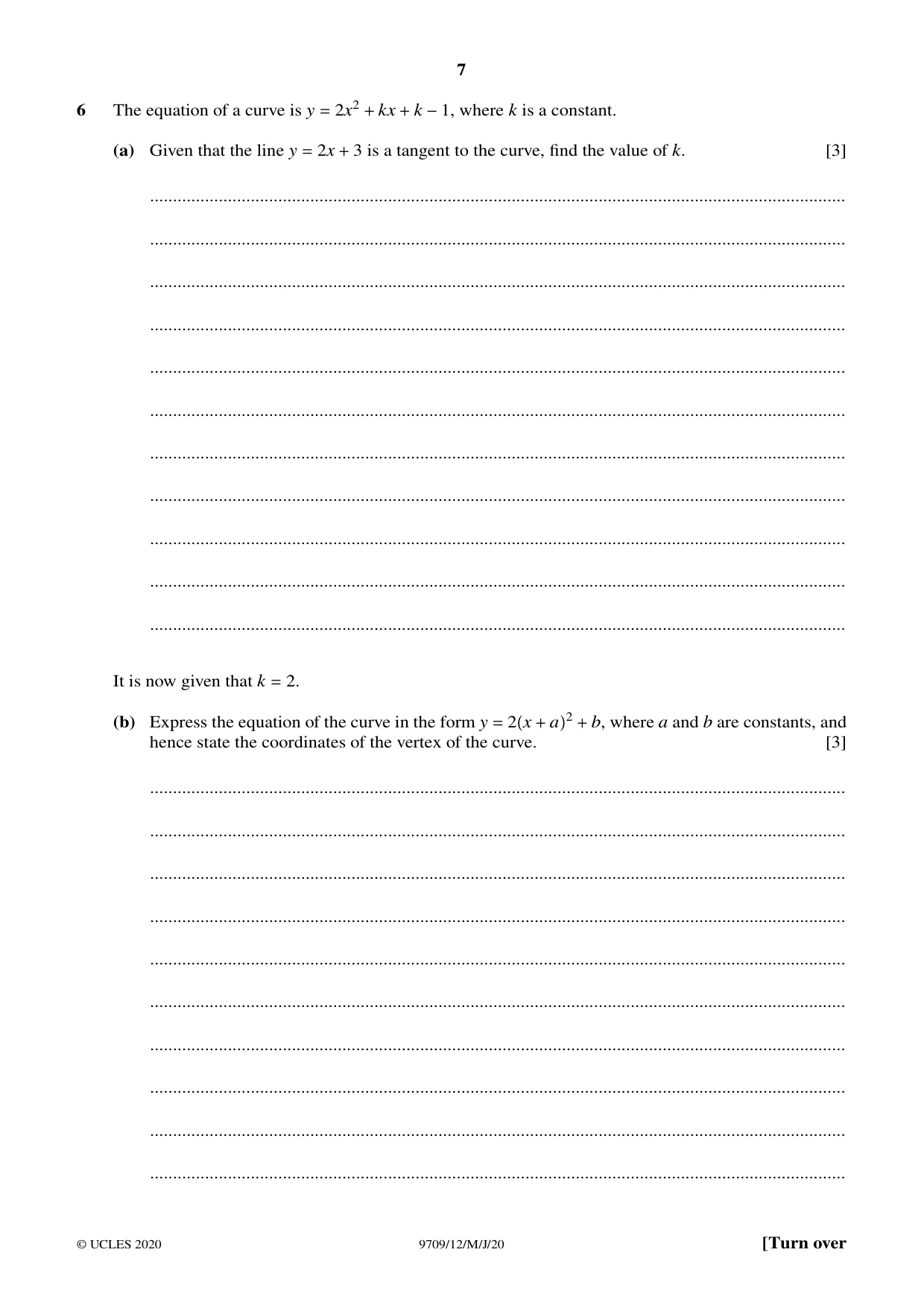 Cambridge A Level Mathematics 9709 2020 May/June Paper 1 · Variant 2 question paper, page 7 of 16