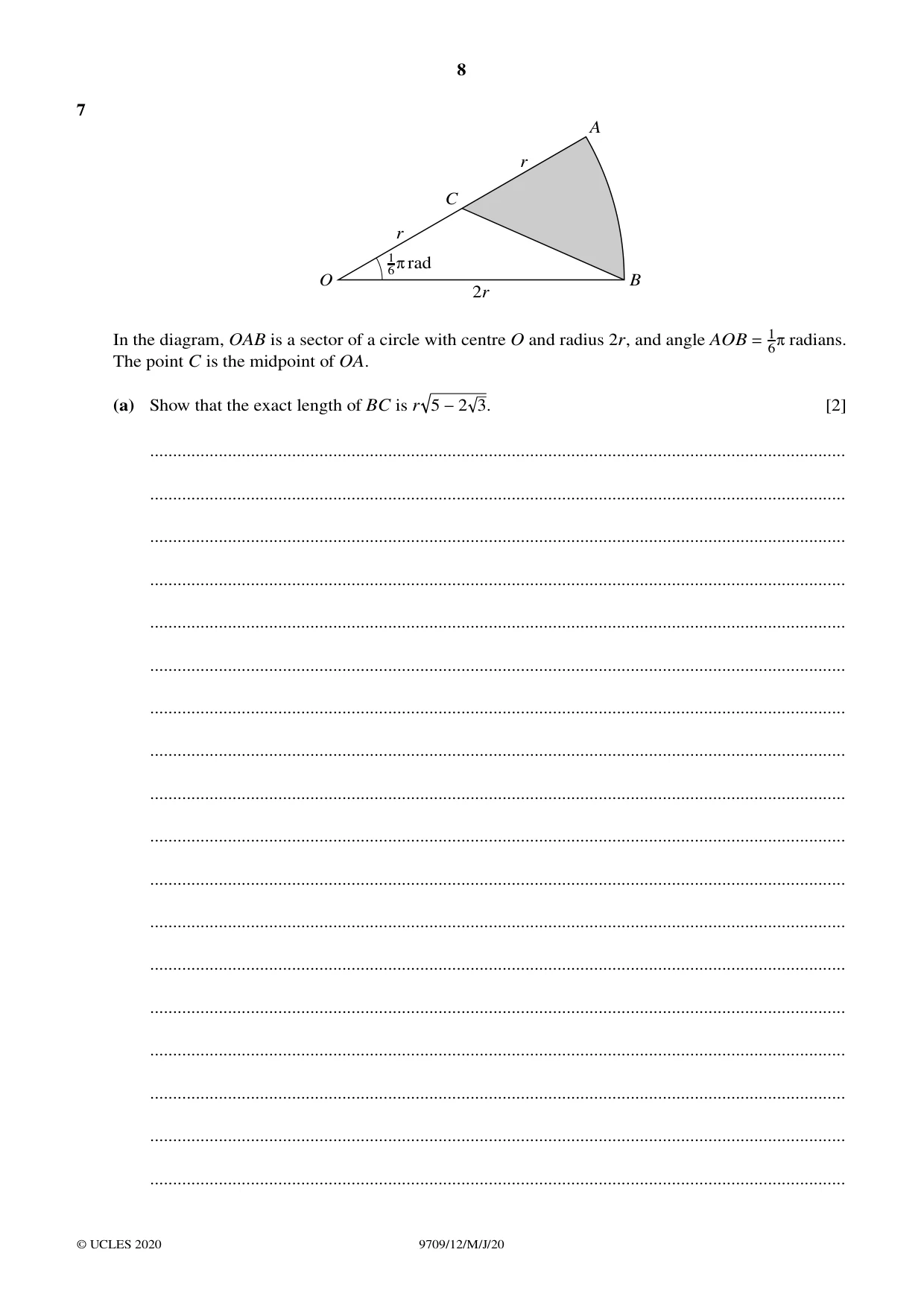 Cambridge A Level Mathematics 9709 2020 May/June Paper 1 · Variant 2 question paper, page 8 of 16