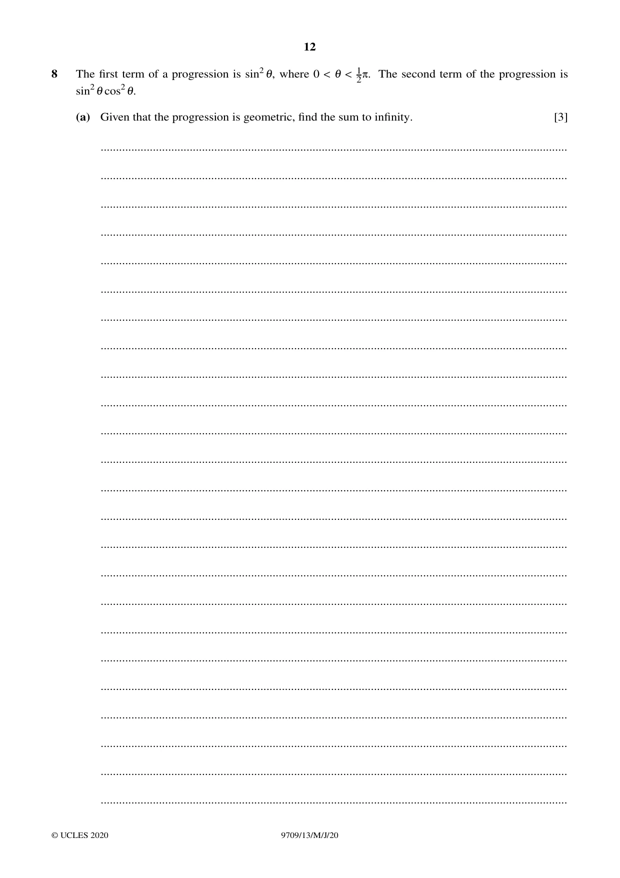 Cambridge A Level Mathematics 9709 2020 May/June Paper 1 · Variant 3 question paper, page 12 of 20
