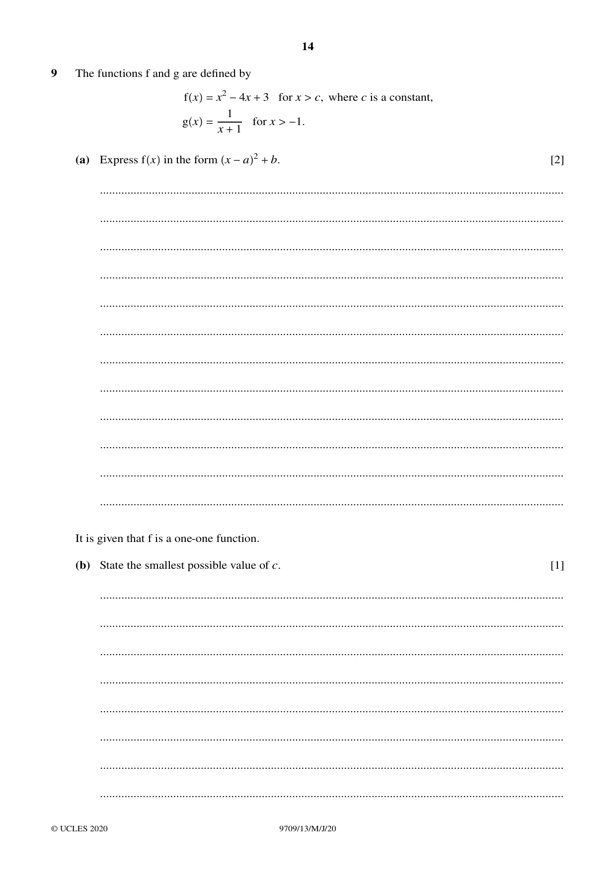 Cambridge A Level Mathematics 9709 2020 May/June Paper 1 · Variant 3 question paper, page 14 of 20
