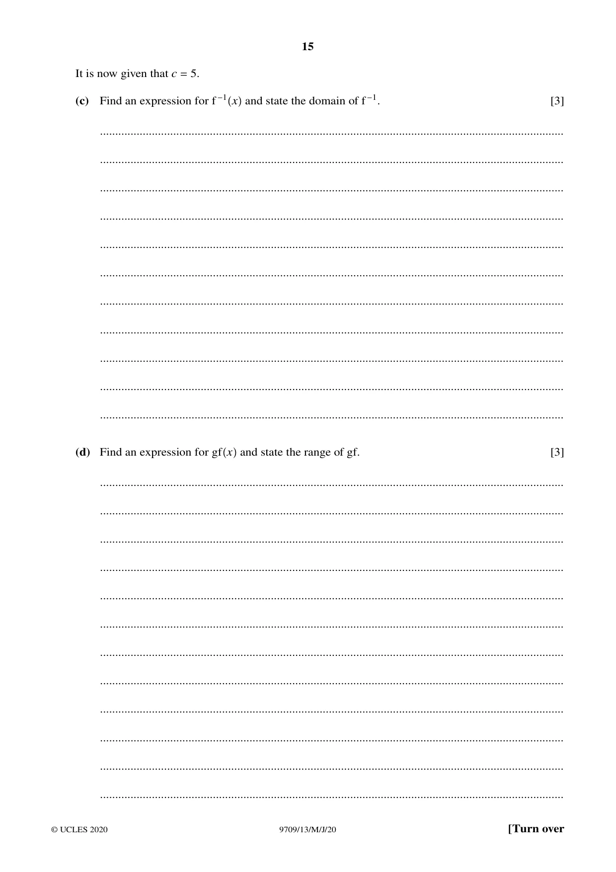 Cambridge A Level Mathematics 9709 2020 May/June Paper 1 · Variant 3 question paper, page 15 of 20