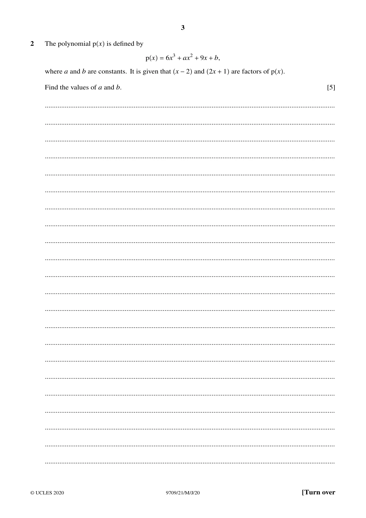 Cambridge A Level Mathematics 9709 2020 May/June Paper 2 · Variant 1 question paper, page 3 of 12