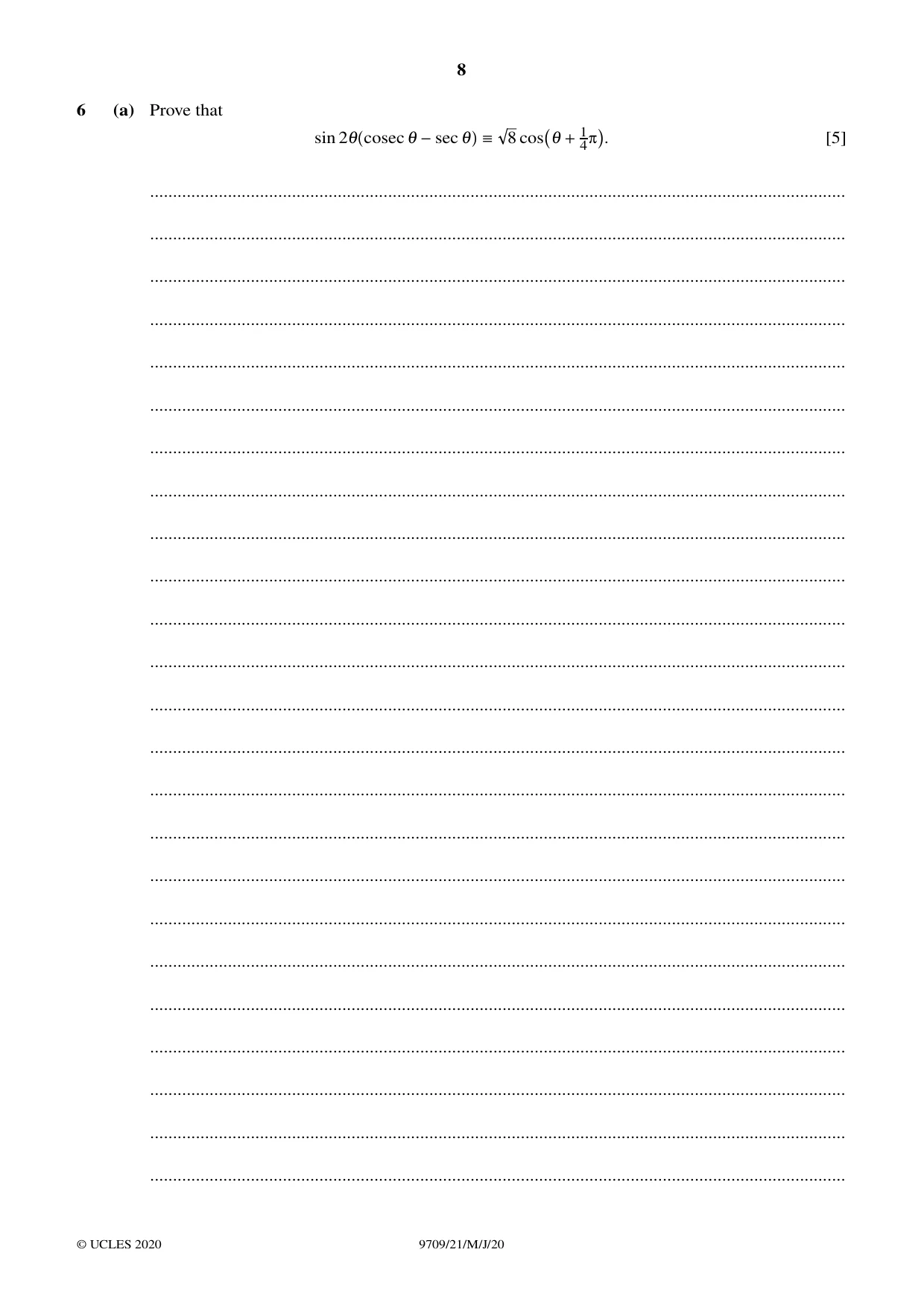 Cambridge A Level Mathematics 9709 2020 May/June Paper 2 · Variant 1 question paper, page 8 of 12