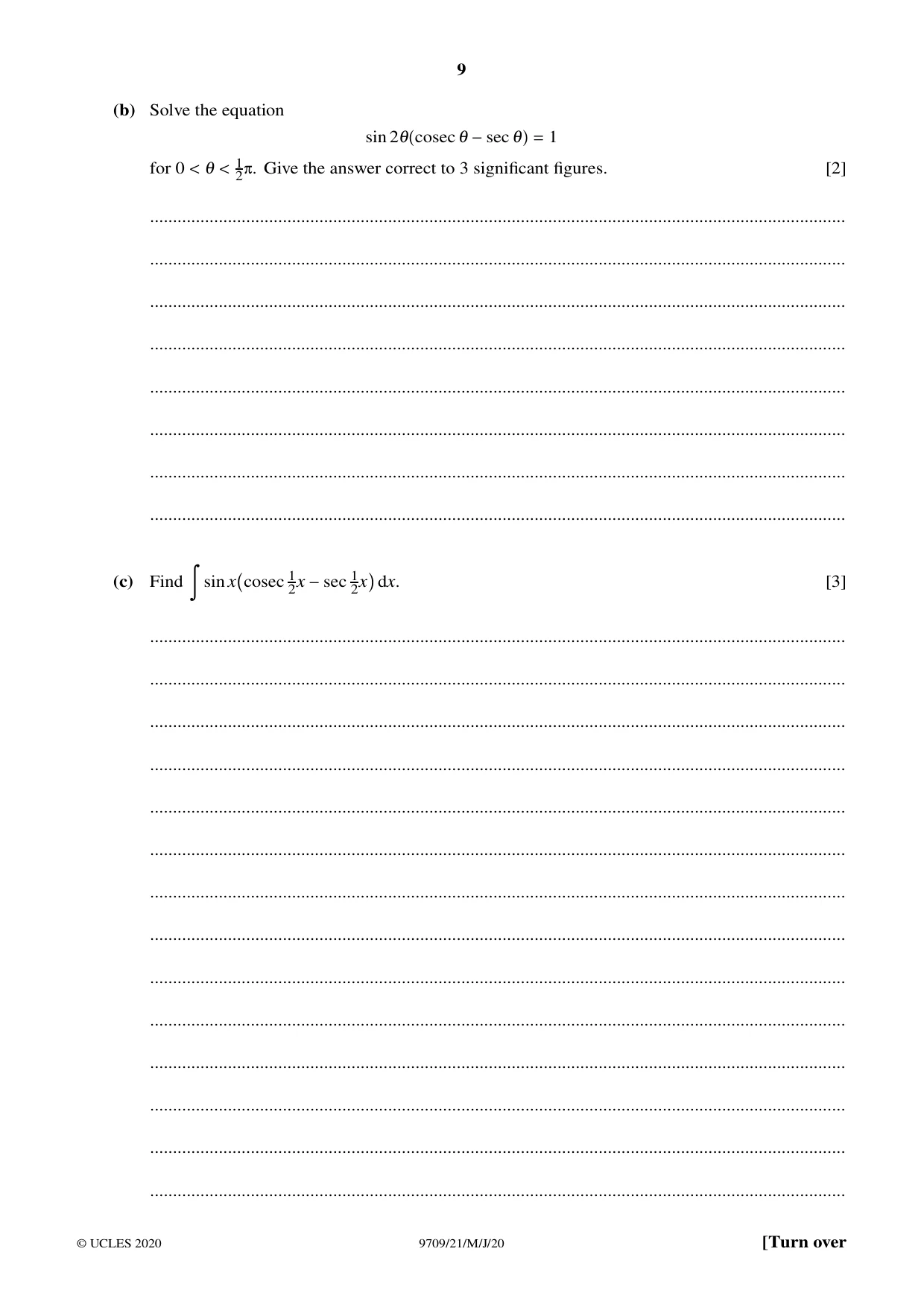 Cambridge A Level Mathematics 9709 2020 May/June Paper 2 · Variant 1 question paper, page 9 of 12