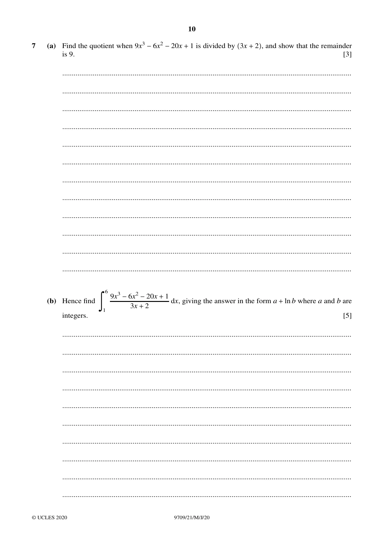 Cambridge A Level Mathematics 9709 2020 May/June Paper 2 · Variant 1 question paper, page 10 of 12