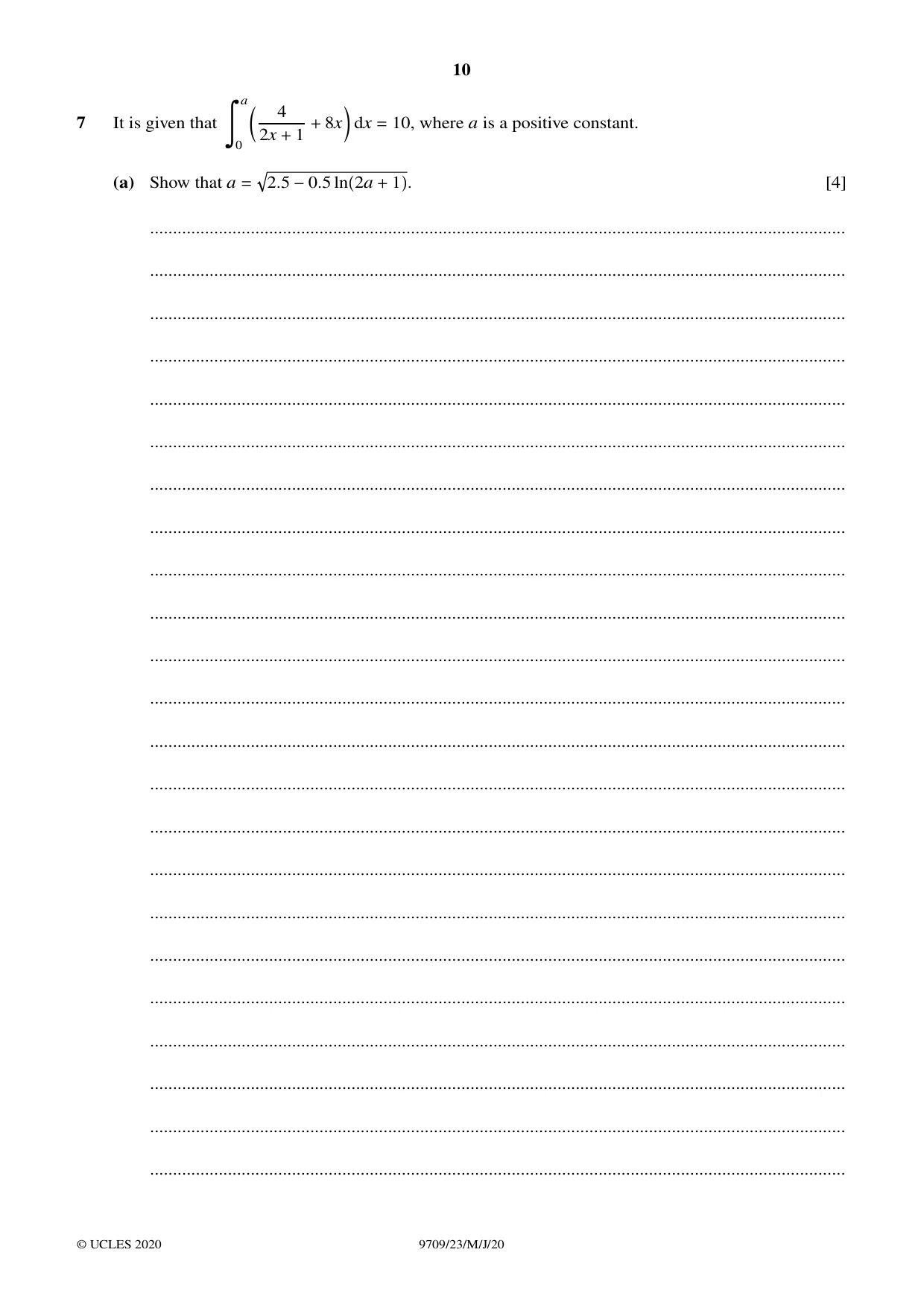 Cambridge A Level Mathematics 9709 2020 May/June Paper 2 · Variant 3 question paper, page 10 of 16