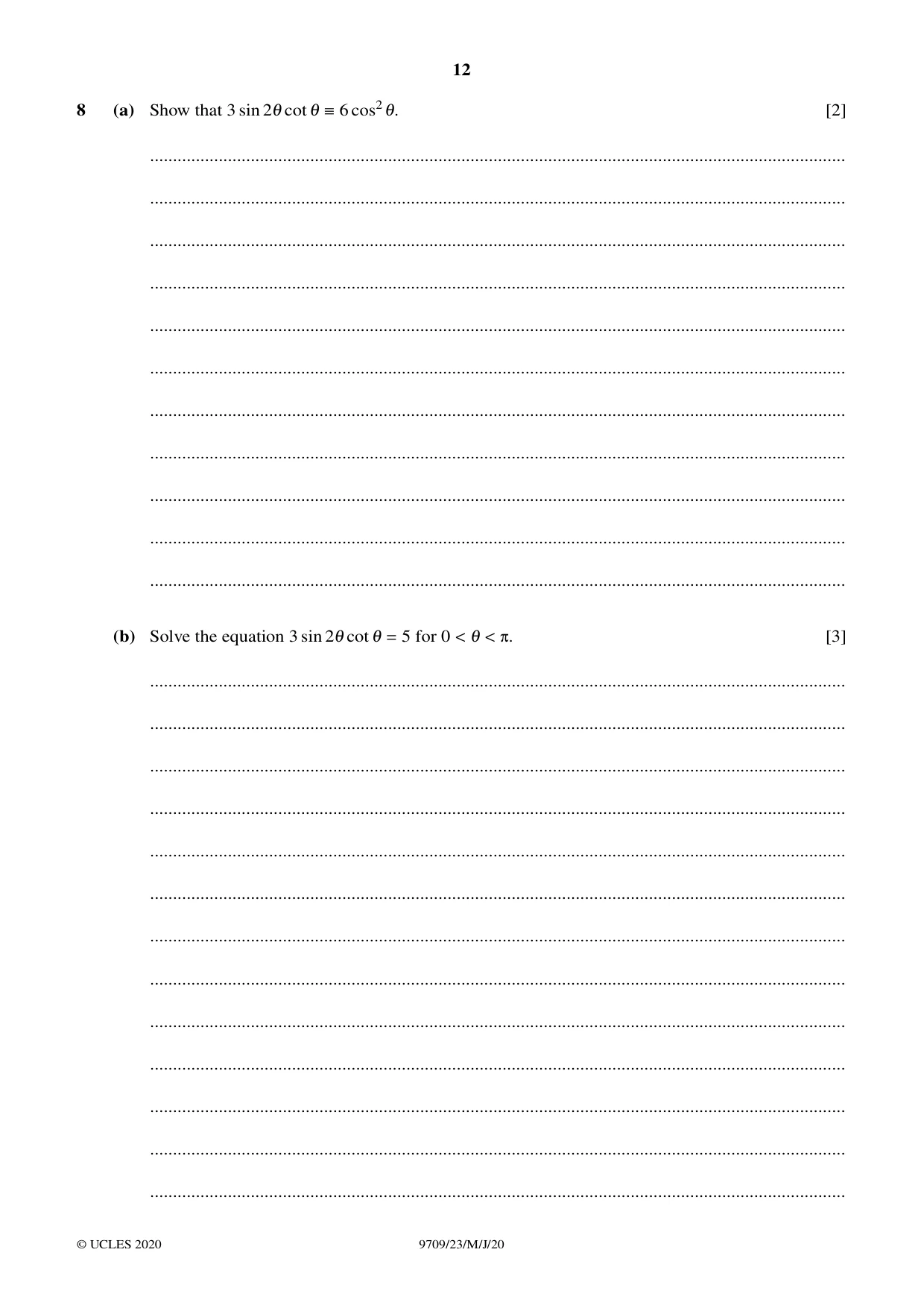 Cambridge A Level Mathematics 9709 2020 May/June Paper 2 · Variant 3 question paper, page 12 of 16