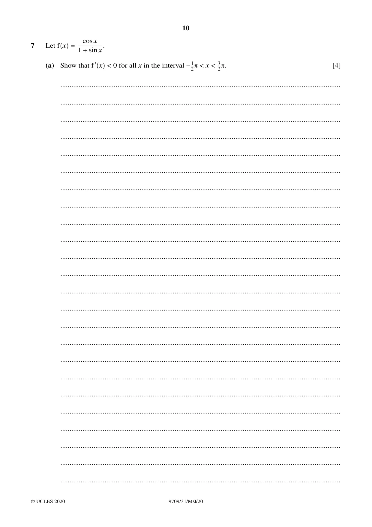 Cambridge A Level Mathematics 9709 2020 May/June Paper 3 · Variant 1 question paper, page 10 of 20