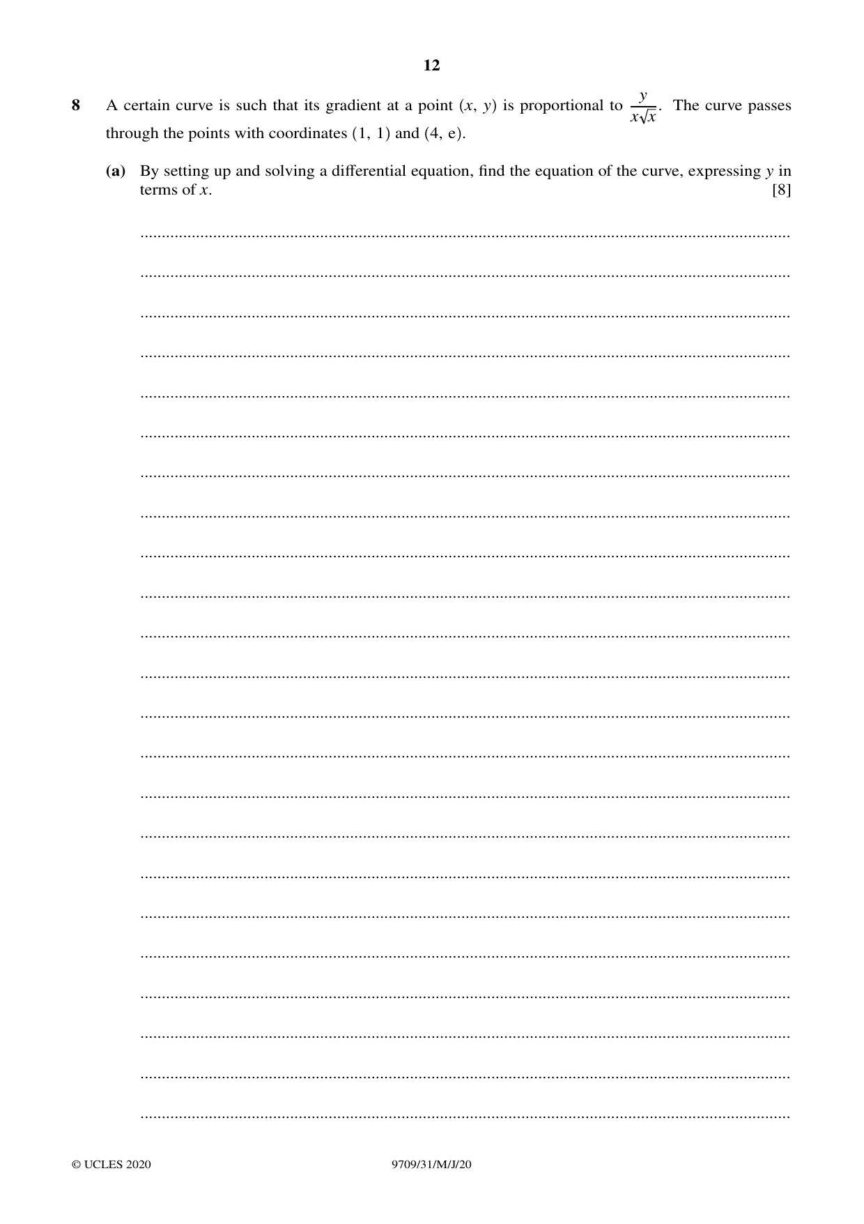 Cambridge A Level Mathematics 9709 2020 May/June Paper 3 · Variant 1 question paper, page 12 of 20