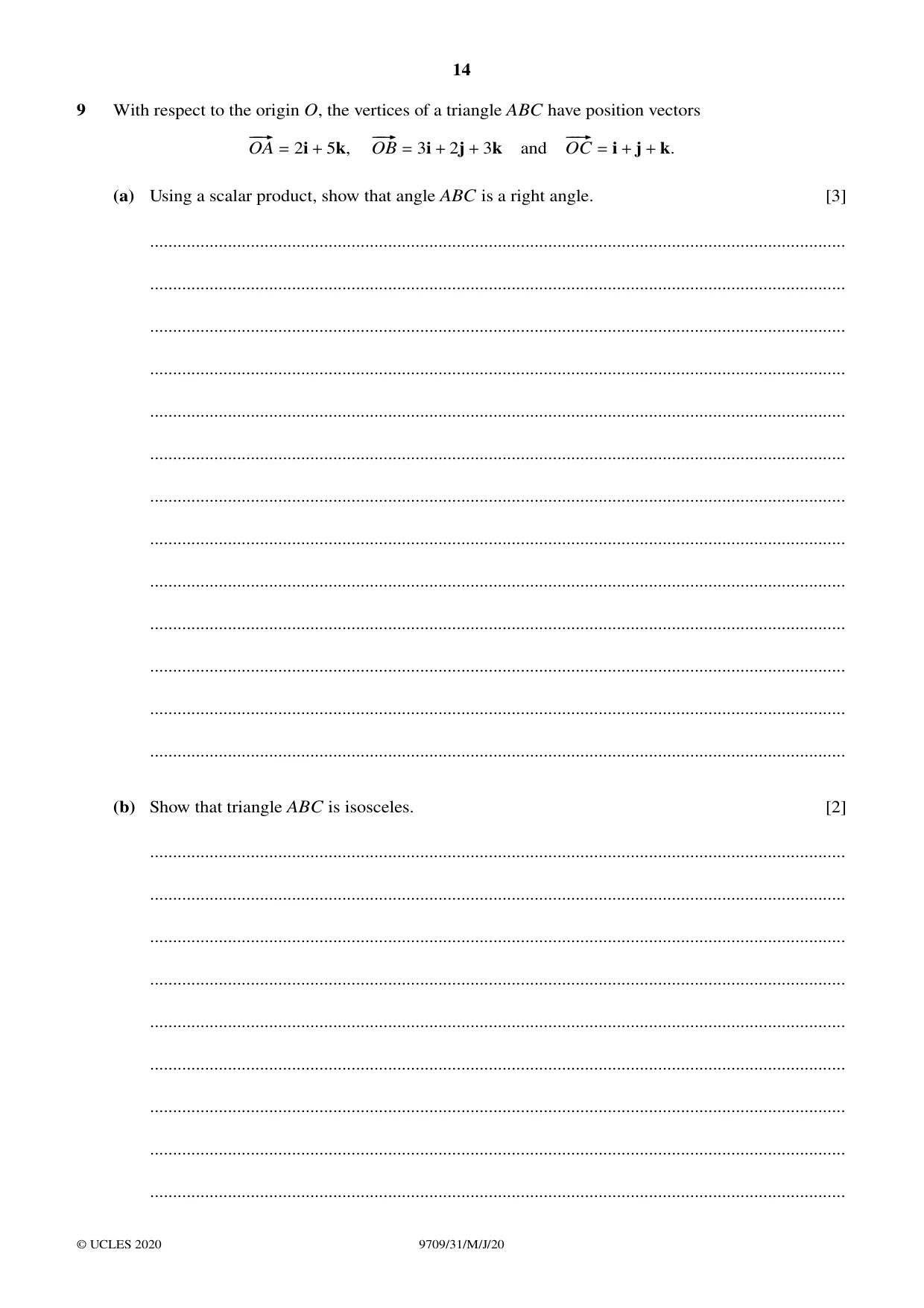 Cambridge A Level Mathematics 9709 2020 May/June Paper 3 · Variant 1 question paper, page 14 of 20